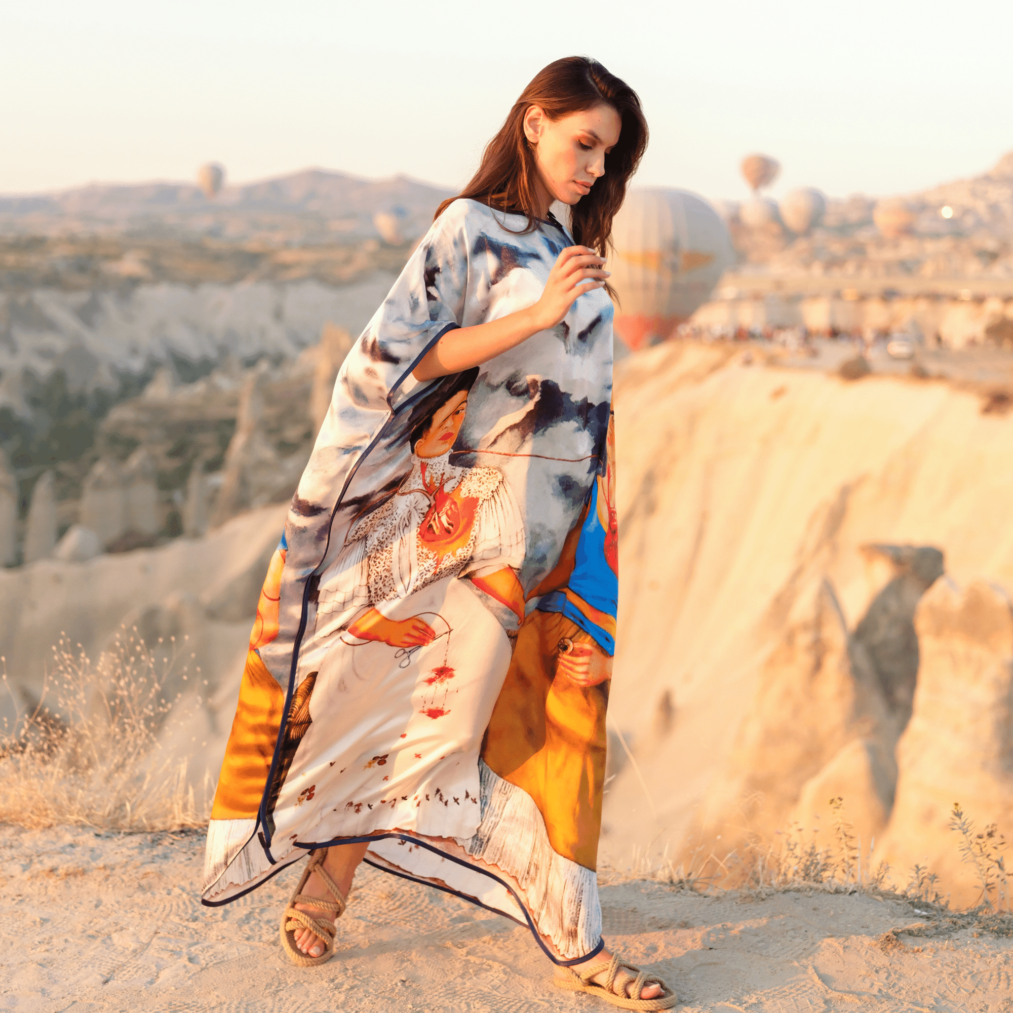 %100 Silk Plus Size High Quality Long Dress For Woman | Frida Kahlo Print