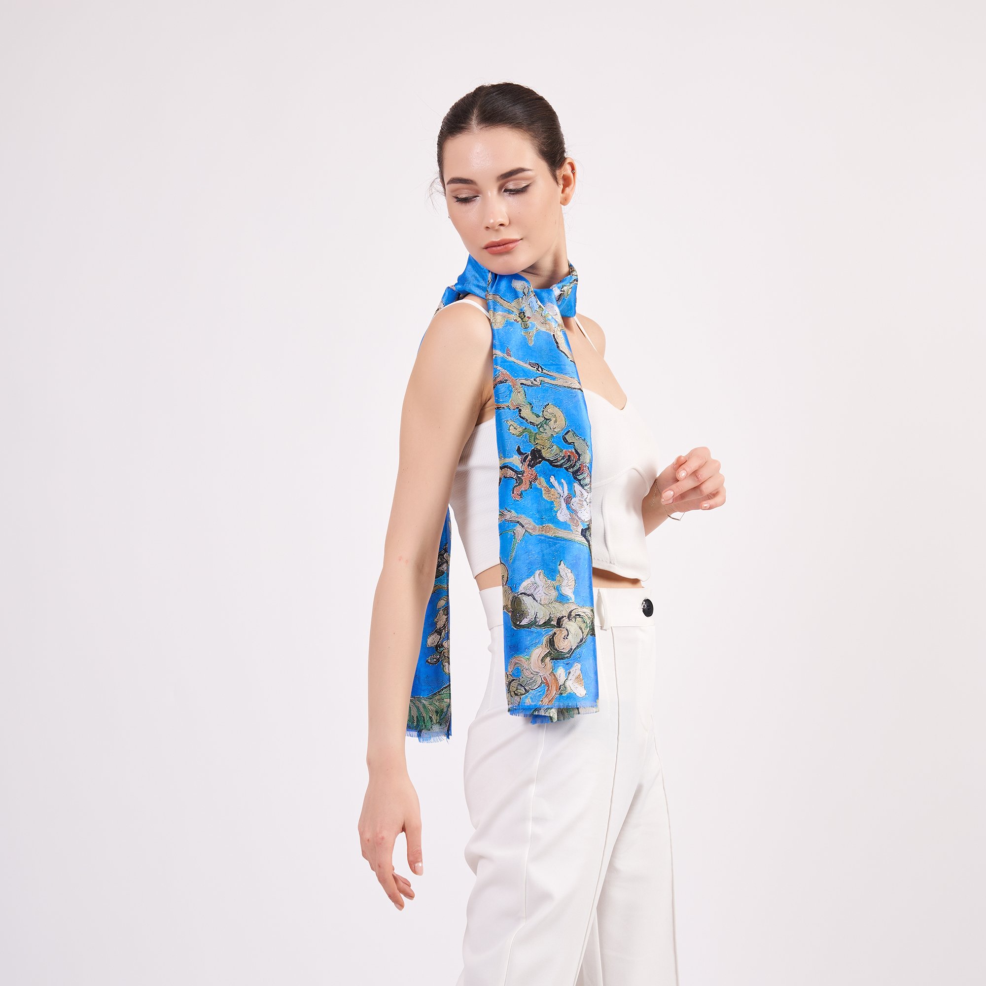 %100 Silk Scarf Wrap | Van Gogh Almond Blossoms Blue | 6 Momme Mulberry Silk Headband, Bag Accessory