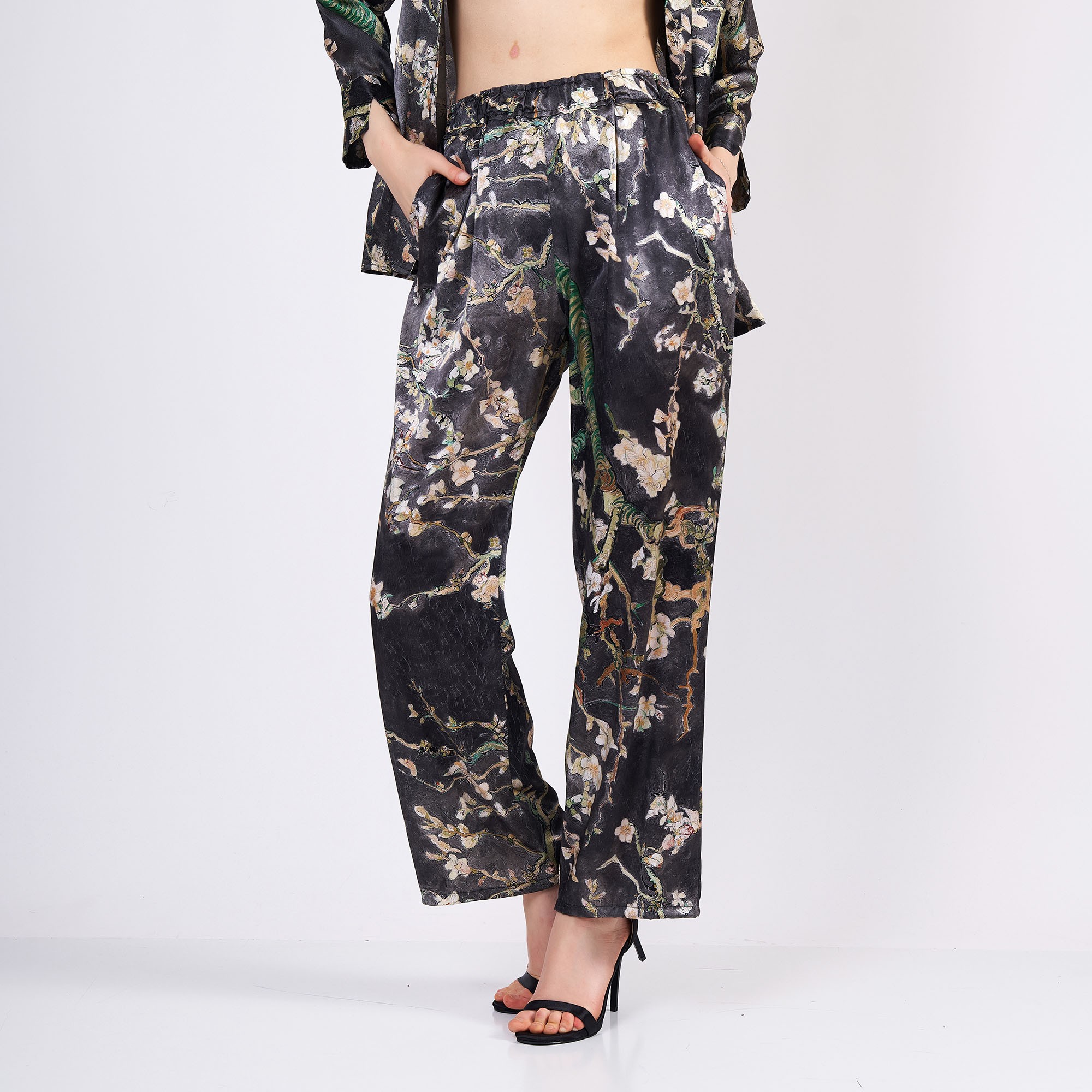 Pure Silk Shirt Pants Set/Pajamas Set for Women | Van Gogh Almond Blossoms Anthracite