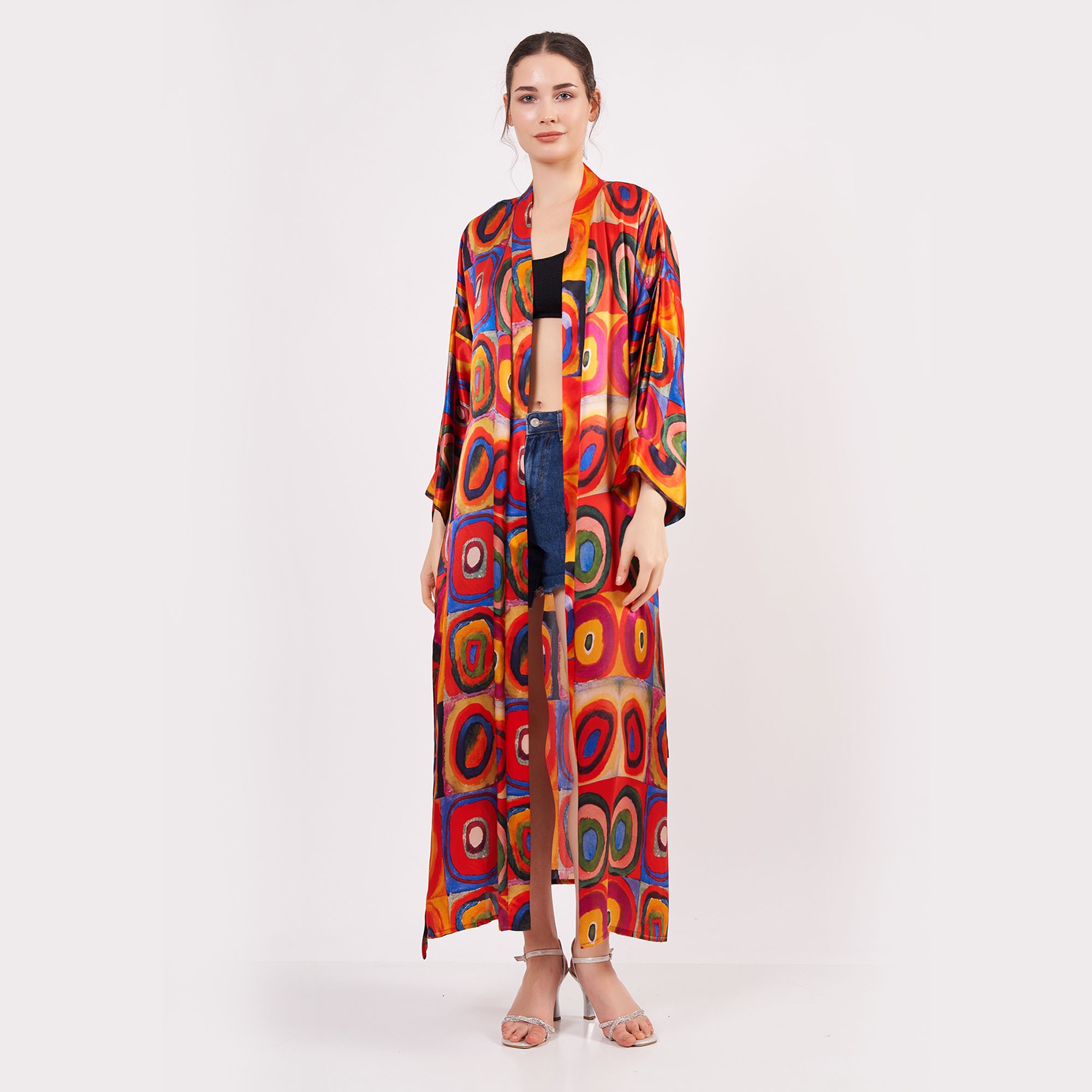 Pure Silk Maxi Kimono Kaftan | Kandinsky Squares with Circles | Oversized Long Kimono Robe | Beachwear for Women | Plus Size Luxury Kaftan