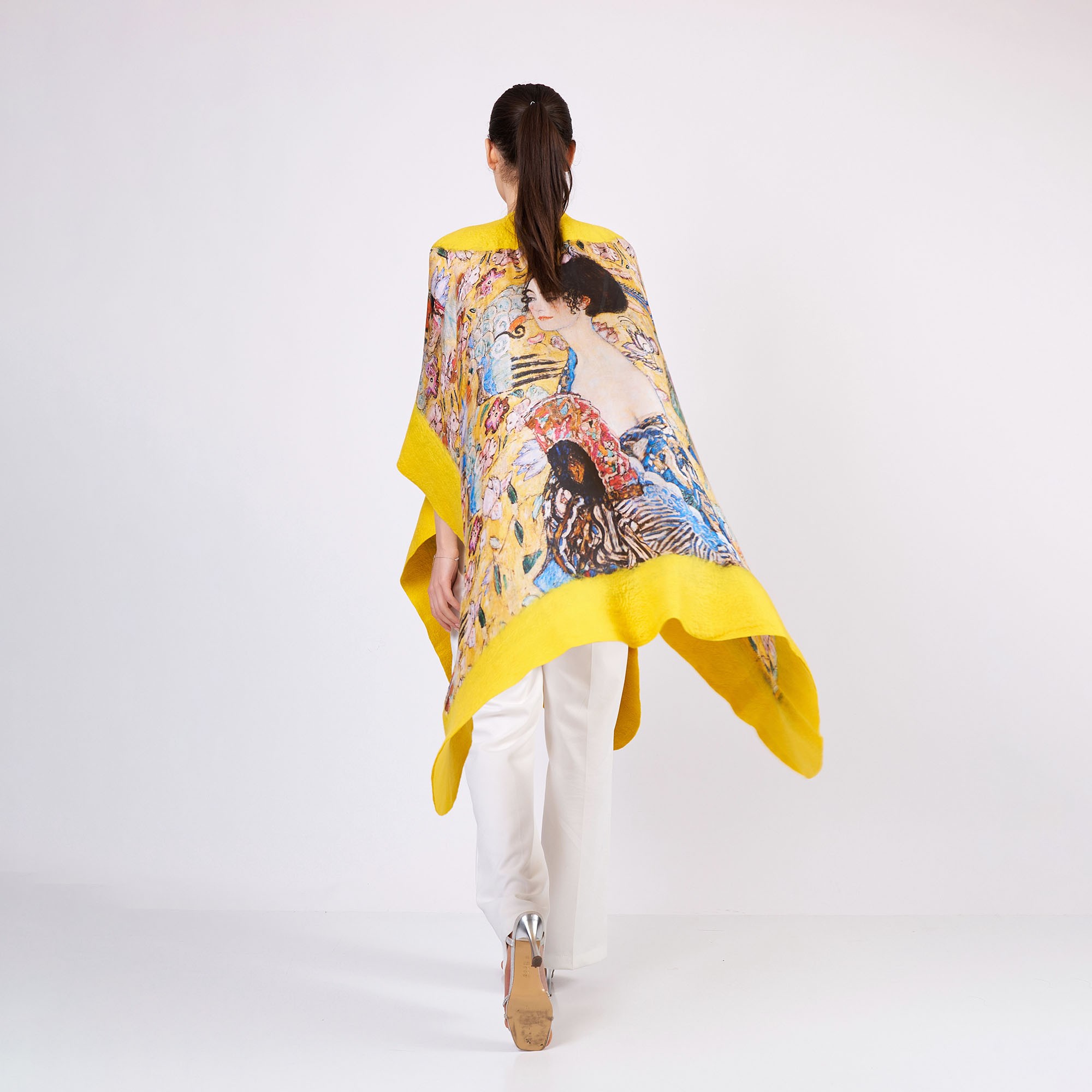 Handmade Silk Felted Women Poncho | Yellow Gustav Klimt Lady with Fan