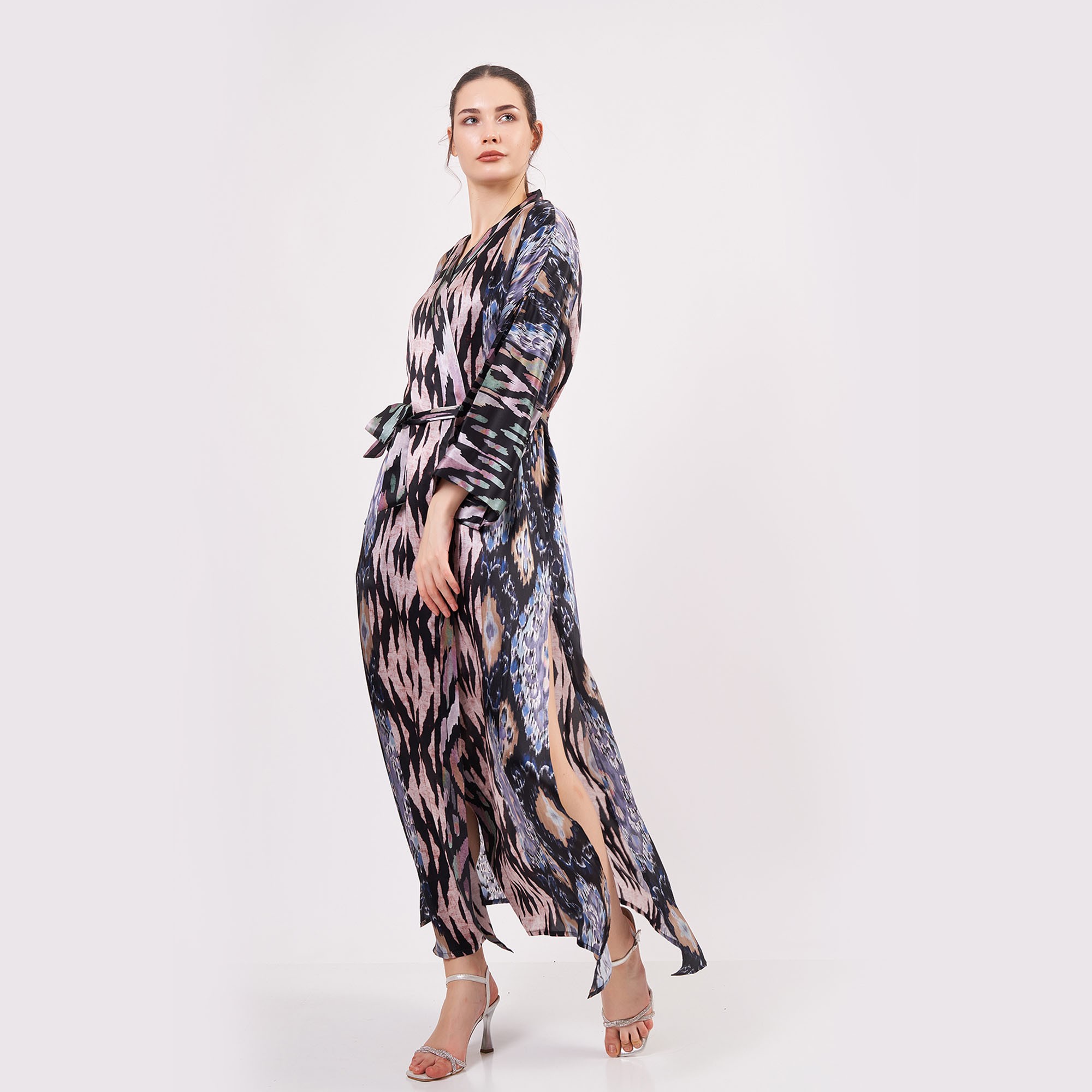 Pure Silk Maxi Kimono Kaftan | Ikat Pattern 12 | Oversized Long Kimono Robe | Beachwear for Women | Plus Size Luxury Kaftan Pool Wear