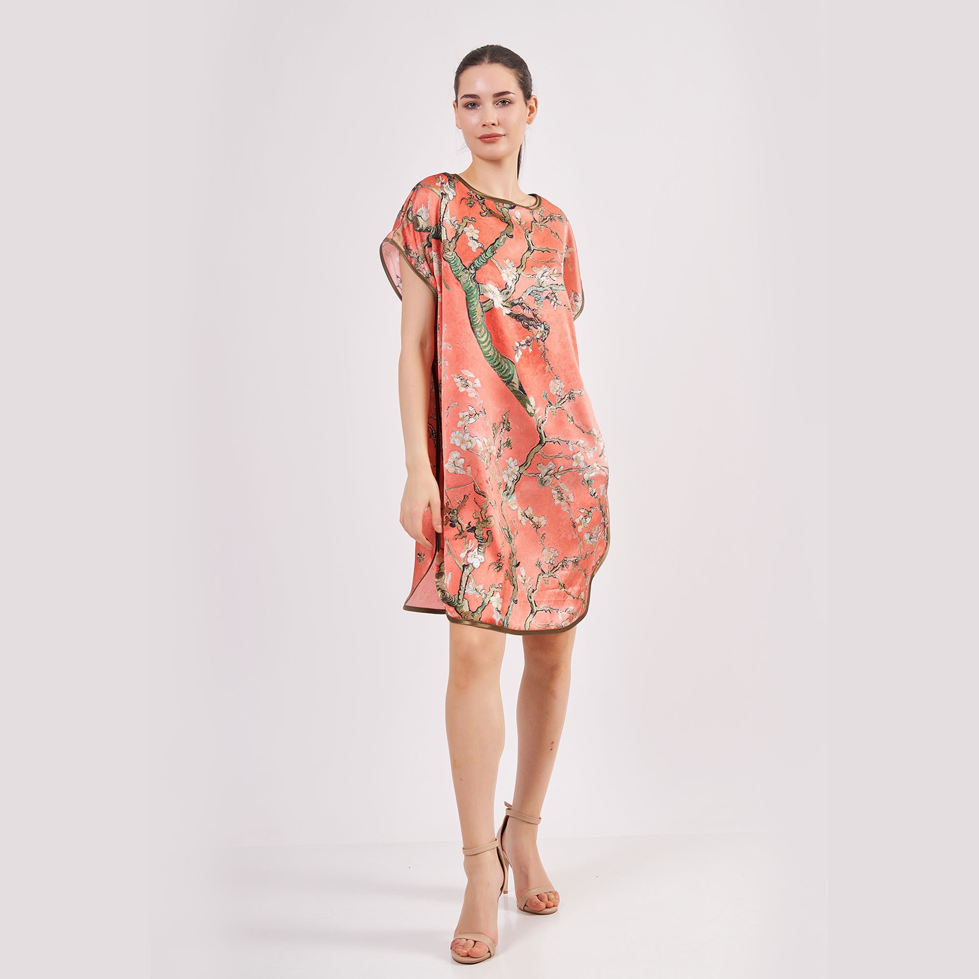 Pure Silk Plus Size Short Dress For Women | Oversized Short Kaftan Anthracite Van Gogh Almond Blossoms | Loose Fitting Dress