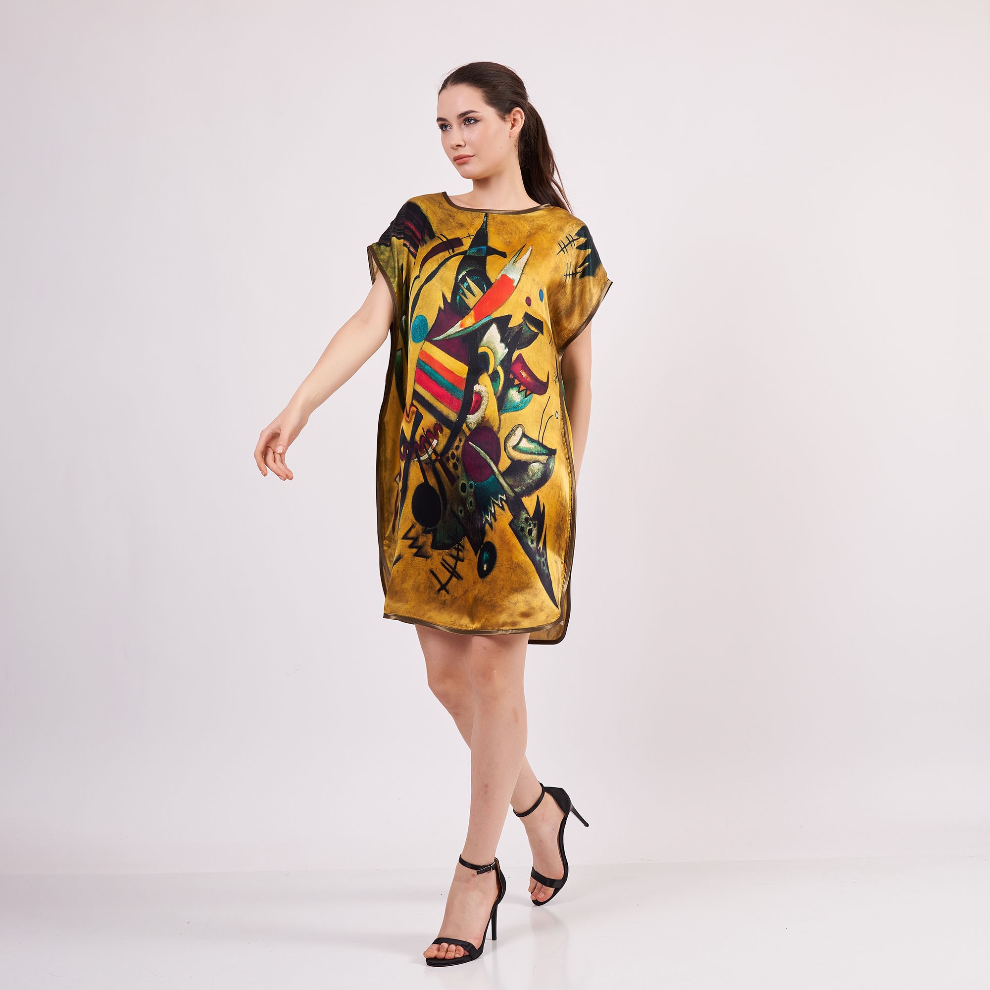 Pure Silk Plus Size Short Dress For Women | Oversized Short Kaftan Kandinsky Point and Line | Loose Fitting Dress