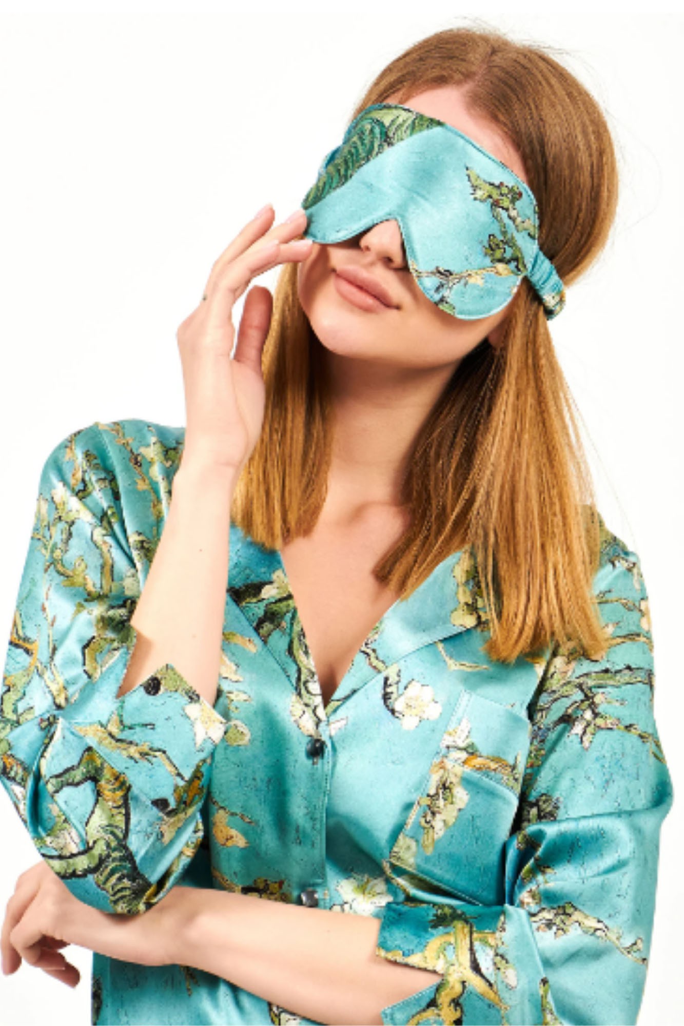%100 İpek Uyku Maskesi Uyku Göz Bandı | Turkuaz | Van Gogh Badem Ağacı | Nomads Felt