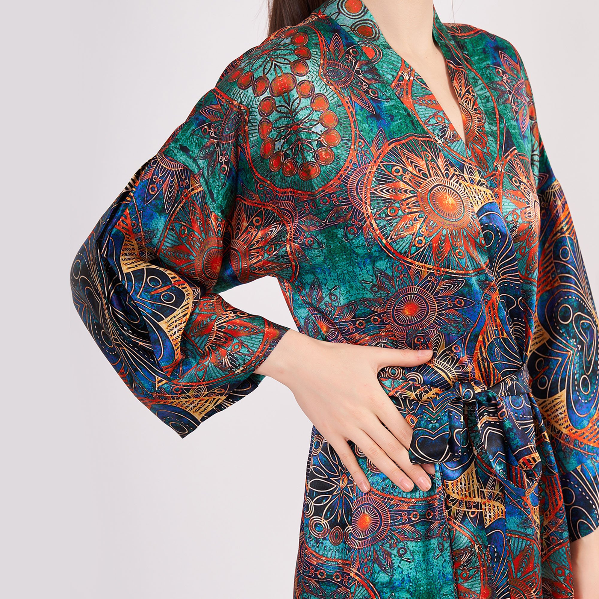 Saf İpek Uzun Kimono Kaftan | Yeşil Mandala Desen 4 | Nomads Felt