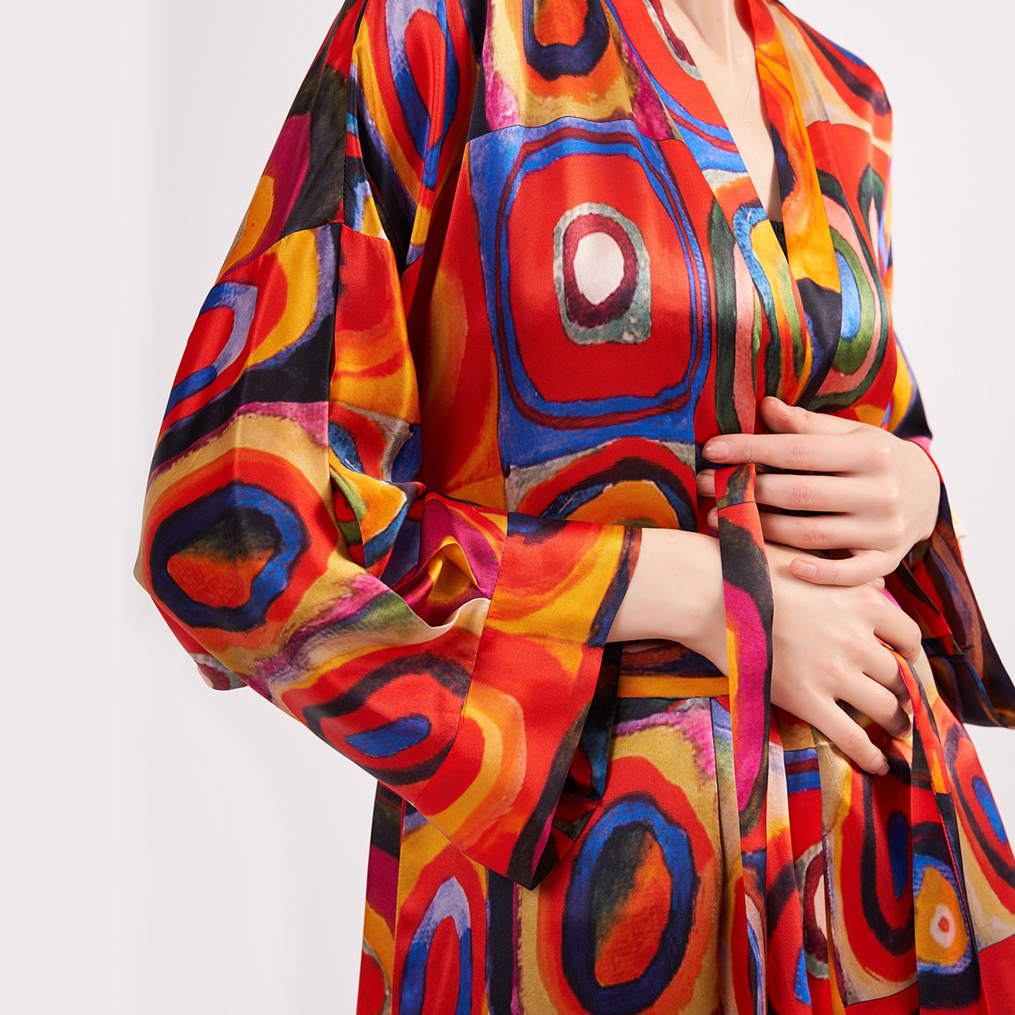 Pure Silk Maxi Kimono Kaftan | Kandinsky Squares with Circles | Oversized Long Kimono Robe | Beachwear for Women | Plus Size Luxury Kaftan