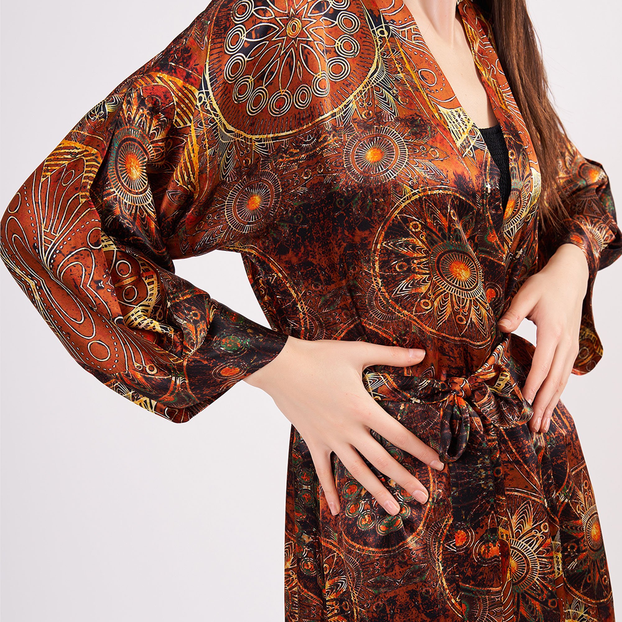 Silk Maxi Kimono Kaftan | Brown Mandala Pattern  | Oversized Long Kimono Robe | Beachwear for Women | Plus Size Luxury Kaftan Pool Wear