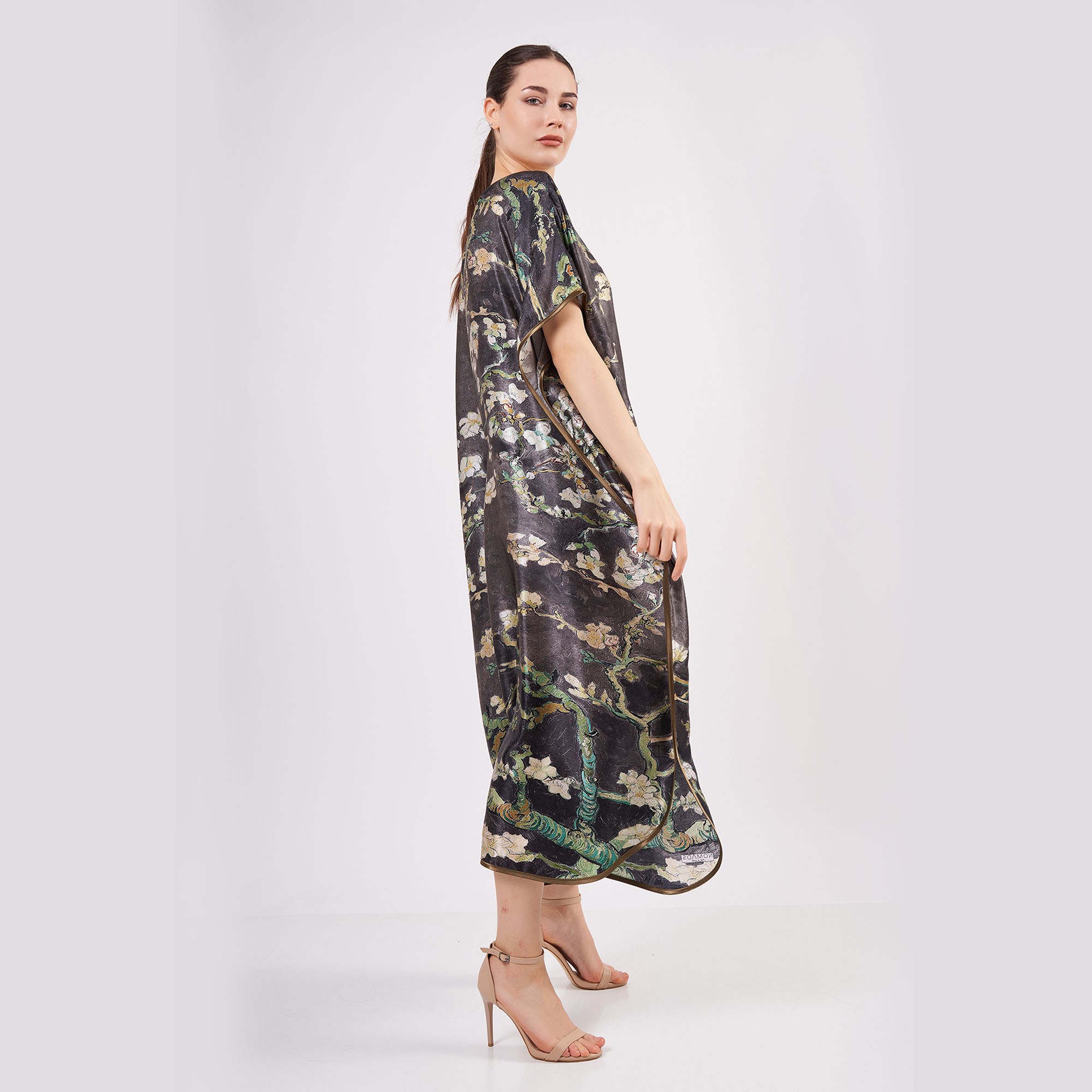100 ٪ فستان طويل الحرير | أنثراسيت فان جوخ اللوز زهرة |