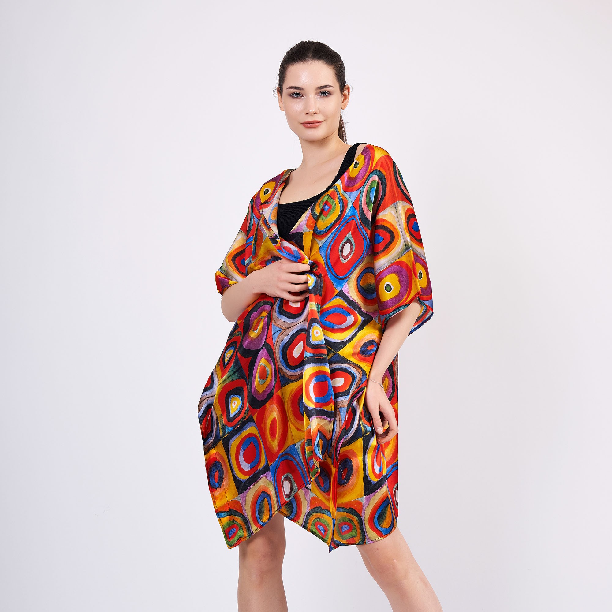 Pure Silk Short Kimono Kaftan | Kandinsky Squares with Circles