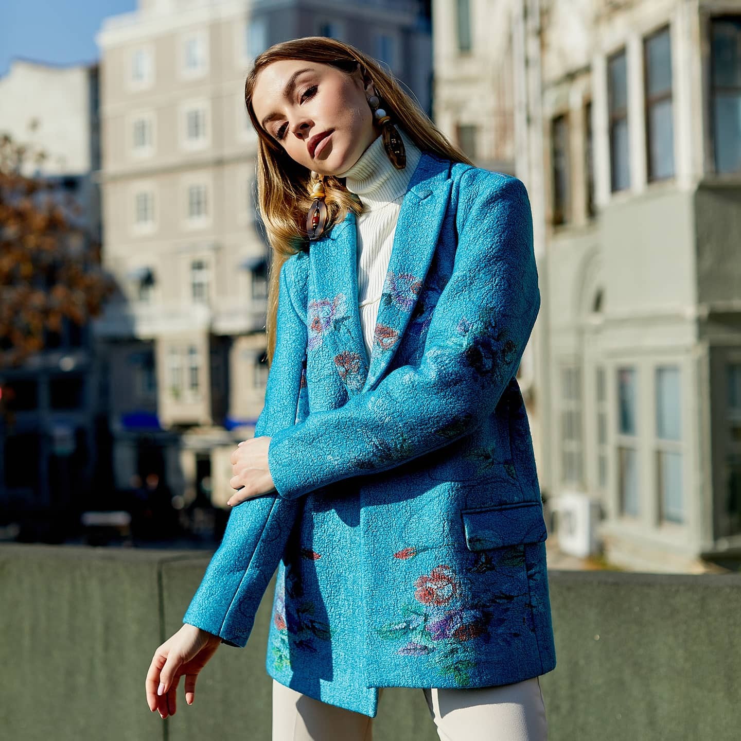 Natural Wool-Silk Haute Couture Jacket | Turquoise |Flower Pattern