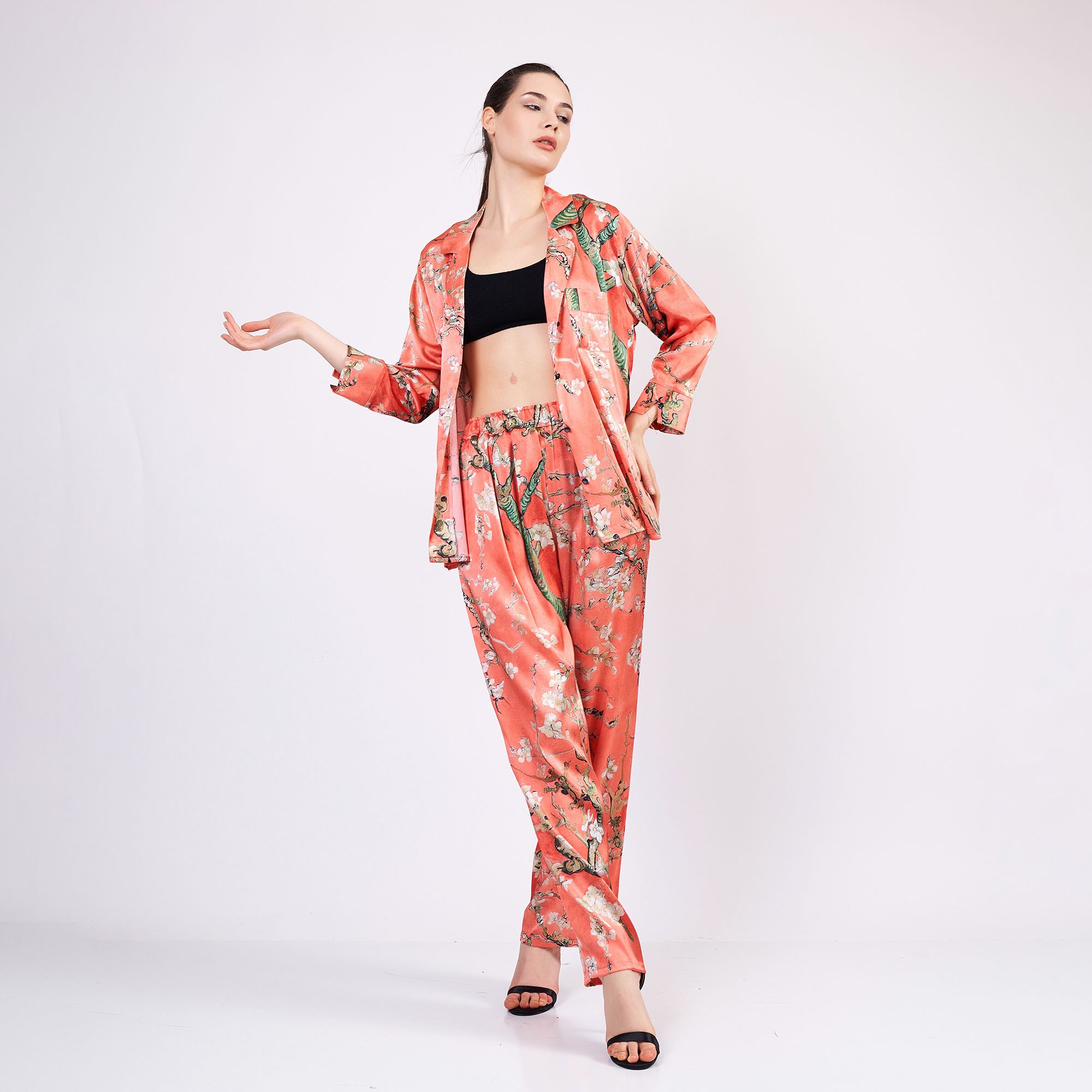Pure Silk Shirt Pants Set/Pajamas Set for Women | Van Gogh Almond Blossoms Red