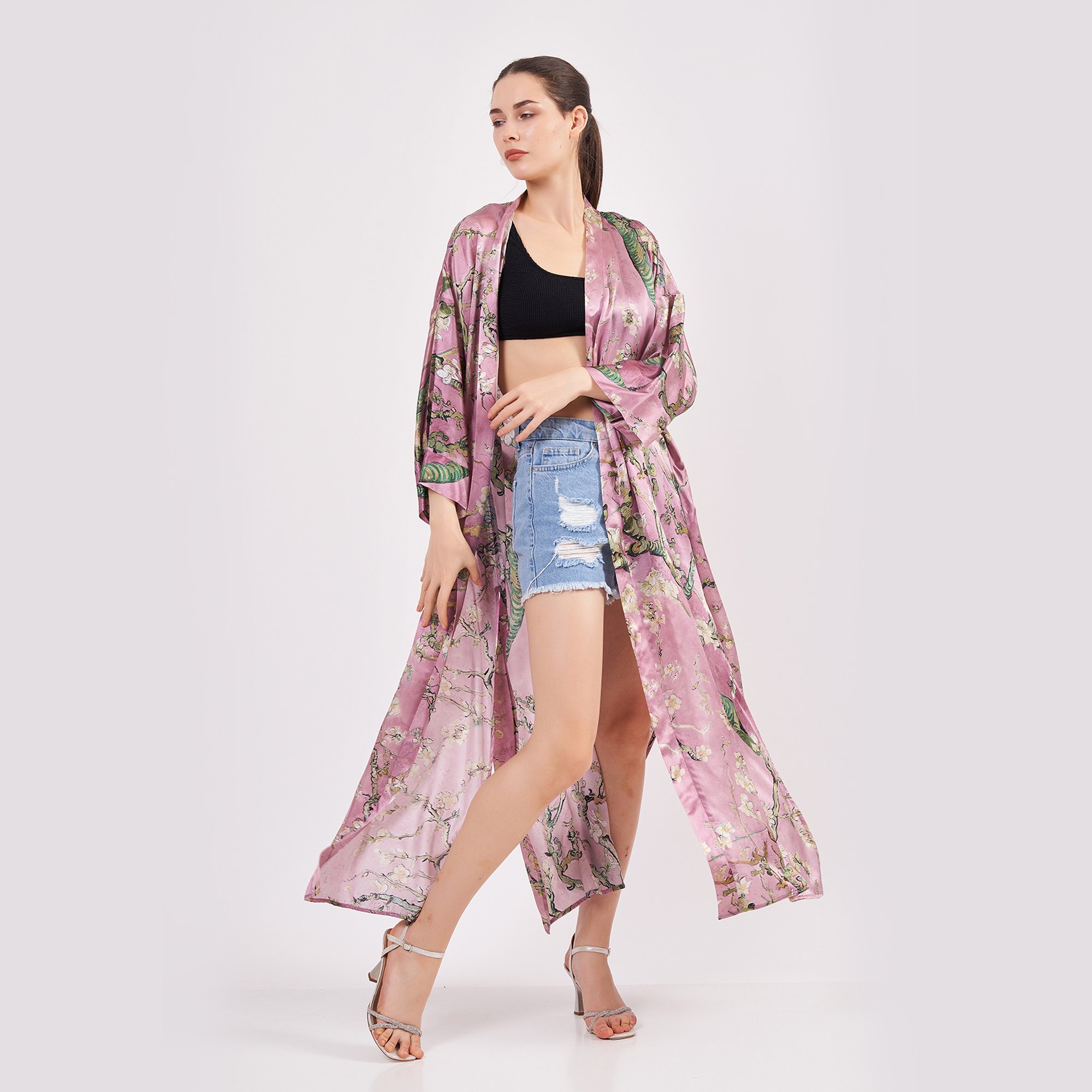 Pure Silk Maxi Kimono Kaftan | Pink Van Gogh Almond Blossoms | Oversized Long Kimono Robe | Beachwear for Women | Plus Size Luxury Kaftan Pool Wear