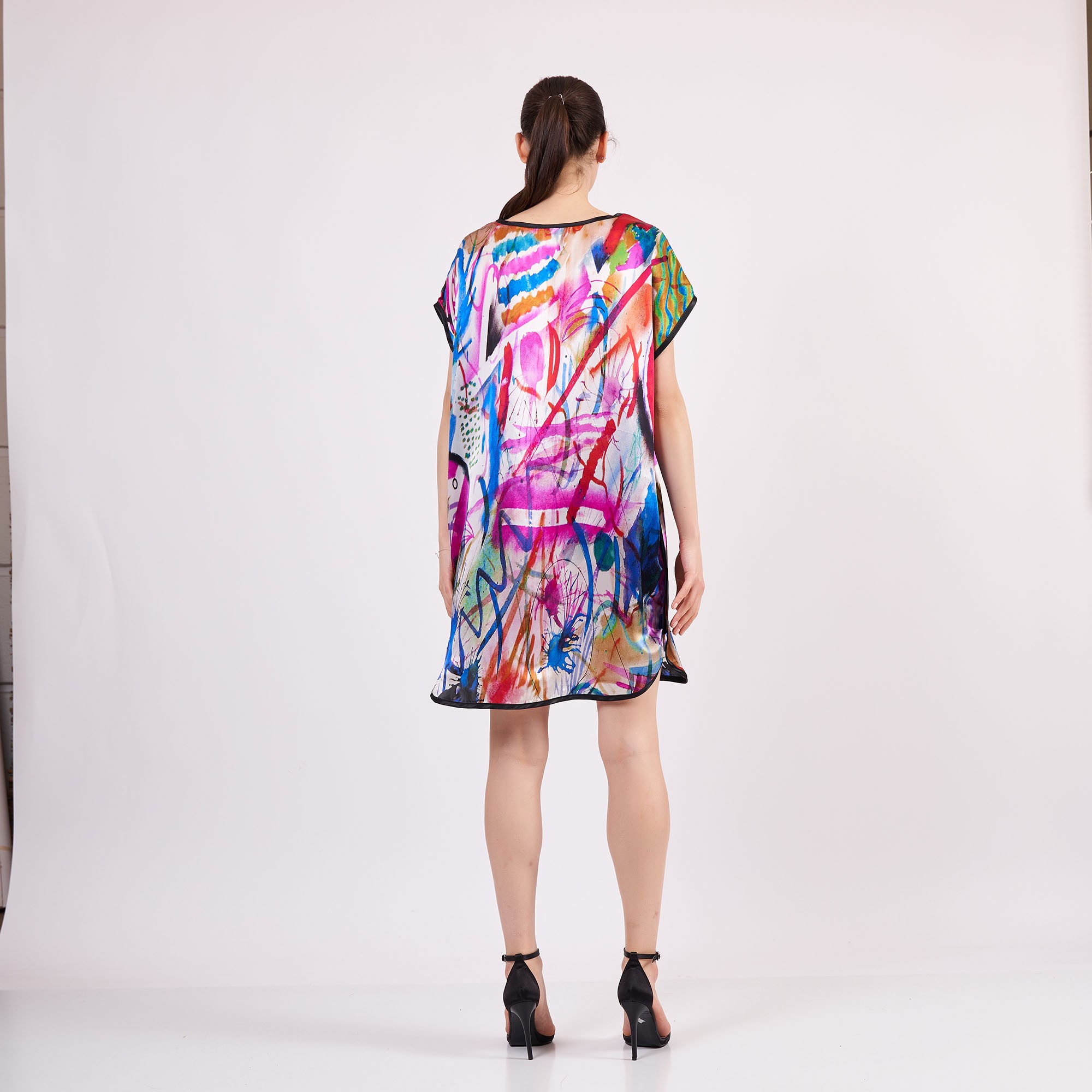 Pure Silk Plus Size Short Dress For Women | Oversized Short Kaftan Kandinsky Watercolor | Loose Fitting Dress