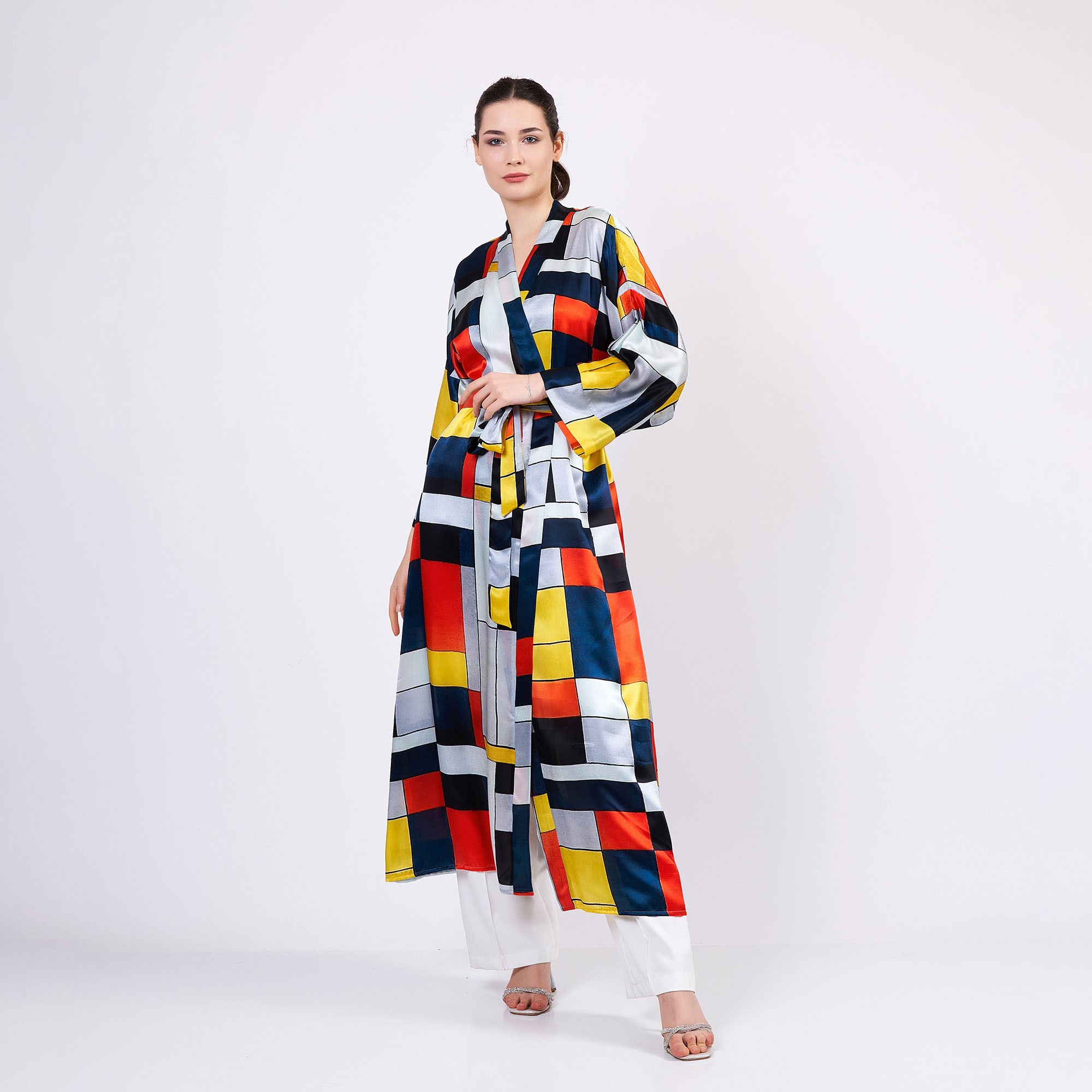 Saf İpek Uzun Kimono Kaftan | Geometrik Desen | Nomads Felt