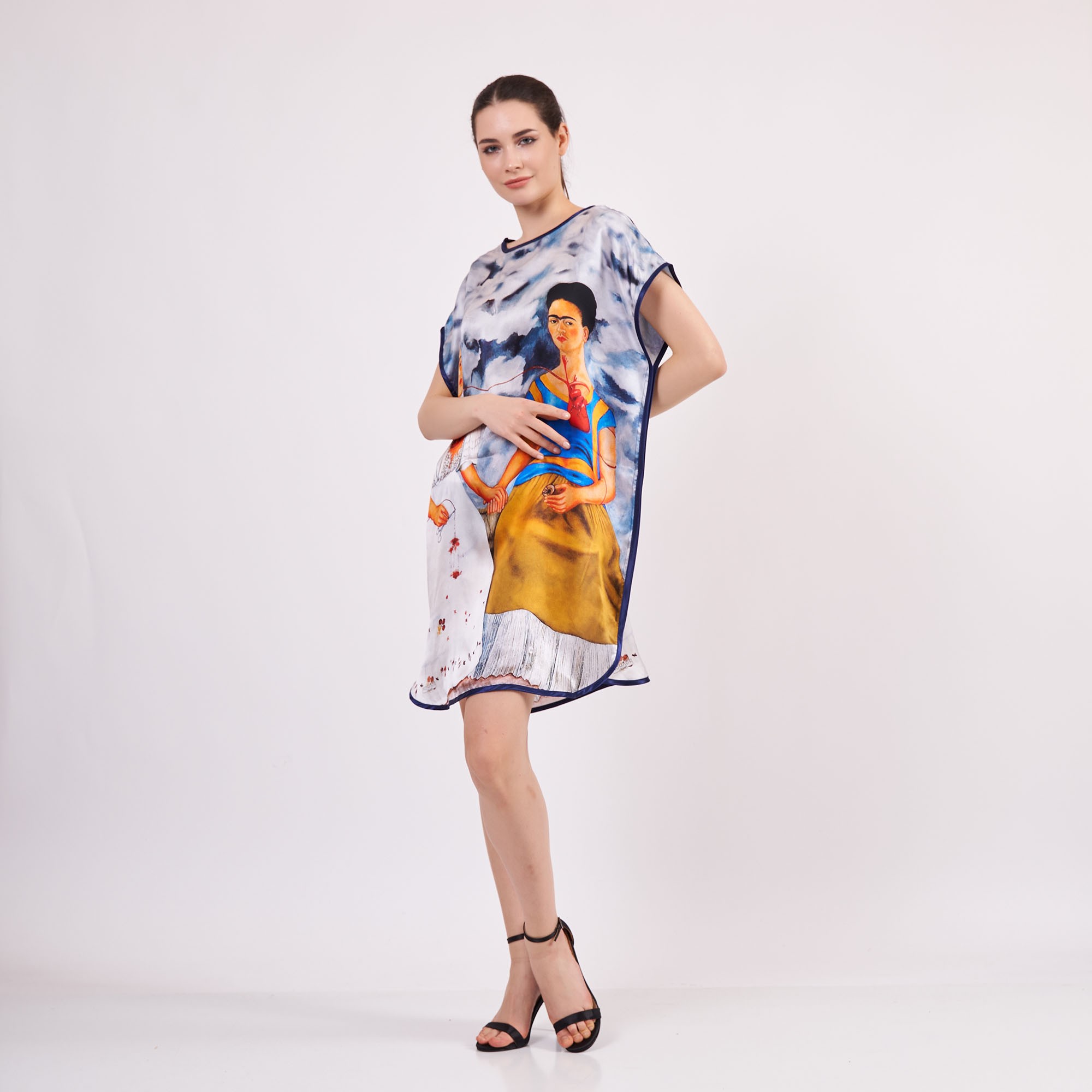 %100 Silk Plus Size Short Dress For Women | Oversized Short Kaftan Frida Kahlo 1 | Loose Fitting Dress