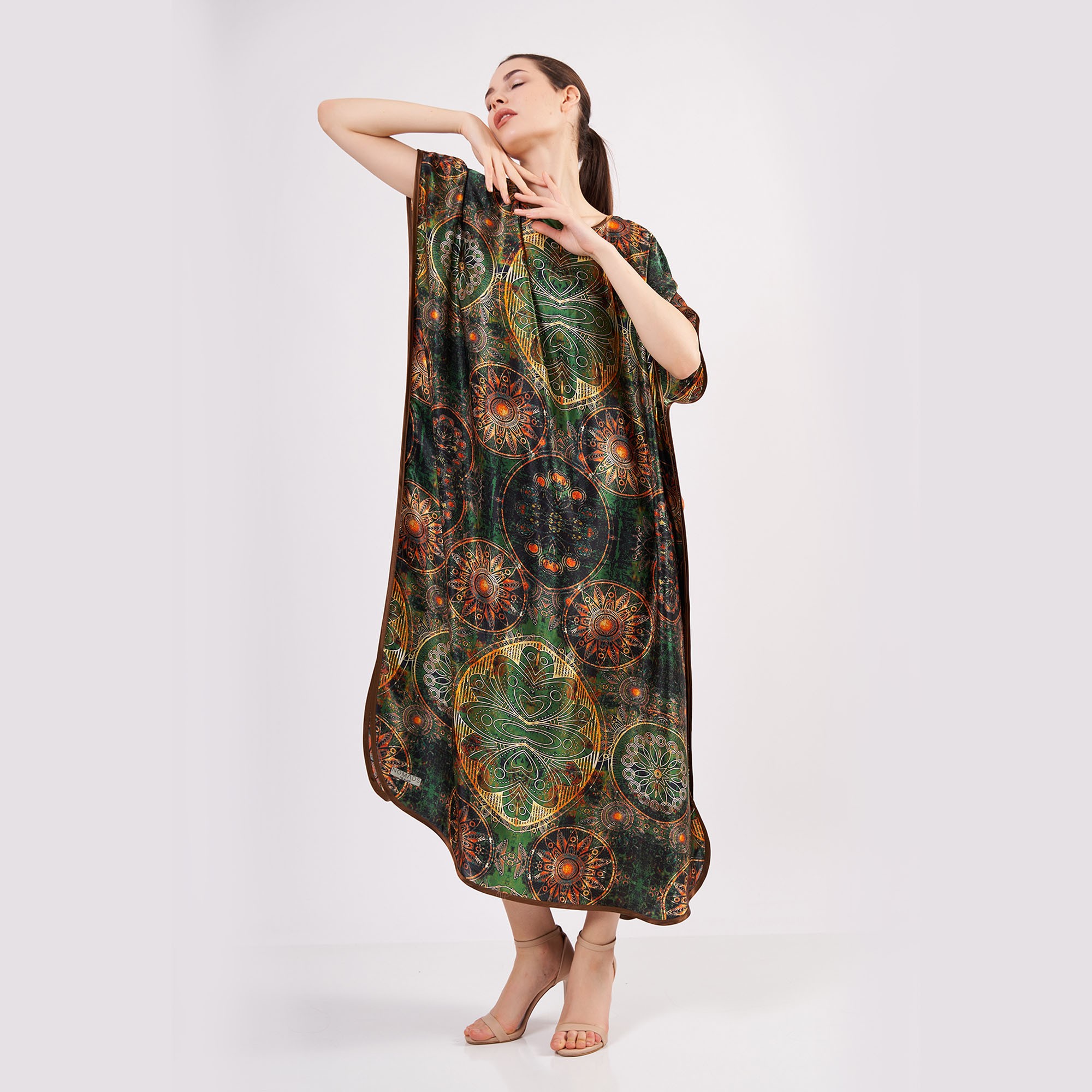 Pure Silk Long Dress | Mandala Pattern Khaki