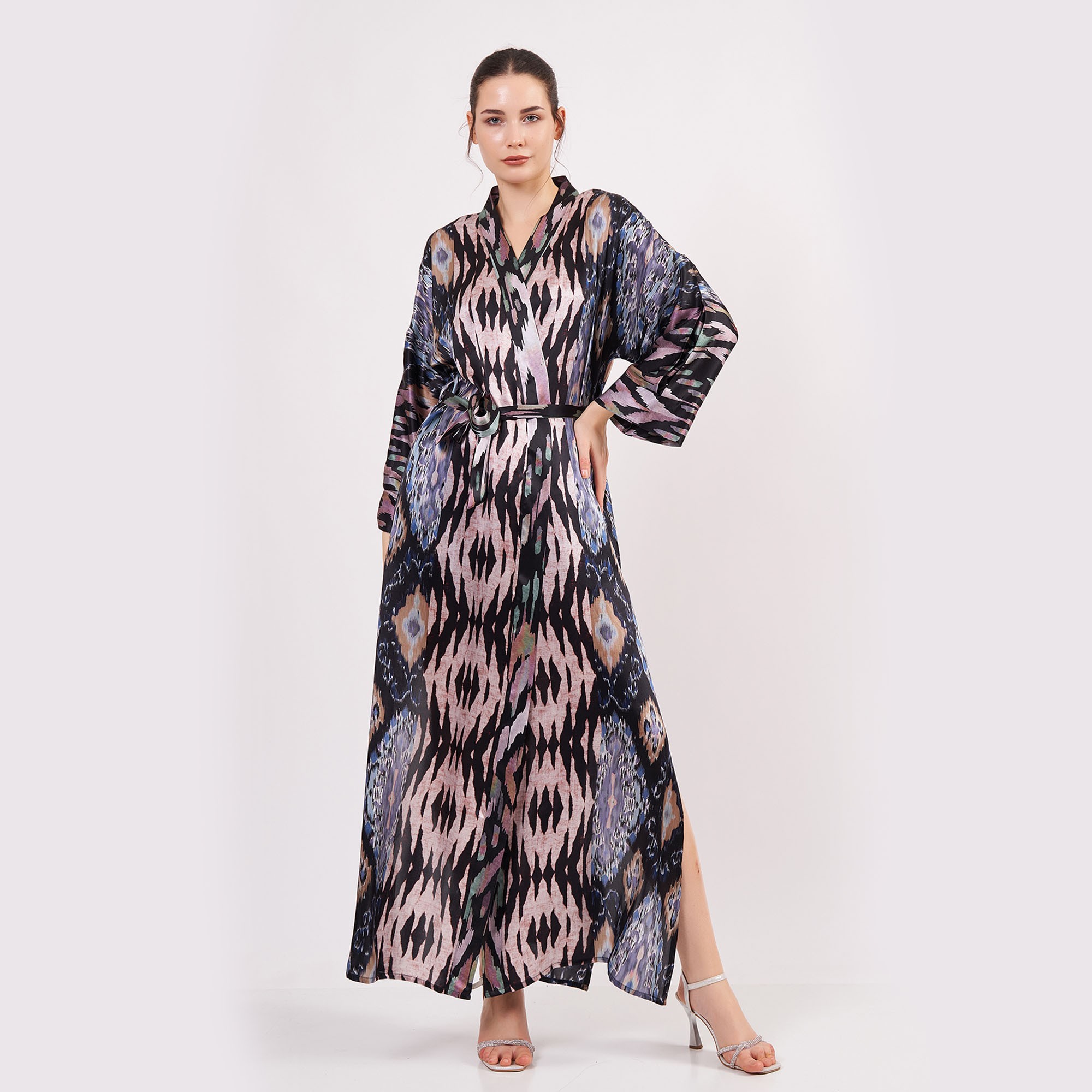 Pure Silk Maxi Kimono Kaftan | Ikat Pattern 12 | Oversized Long Kimono Robe | Beachwear for Women | Plus Size Luxury Kaftan Pool Wear