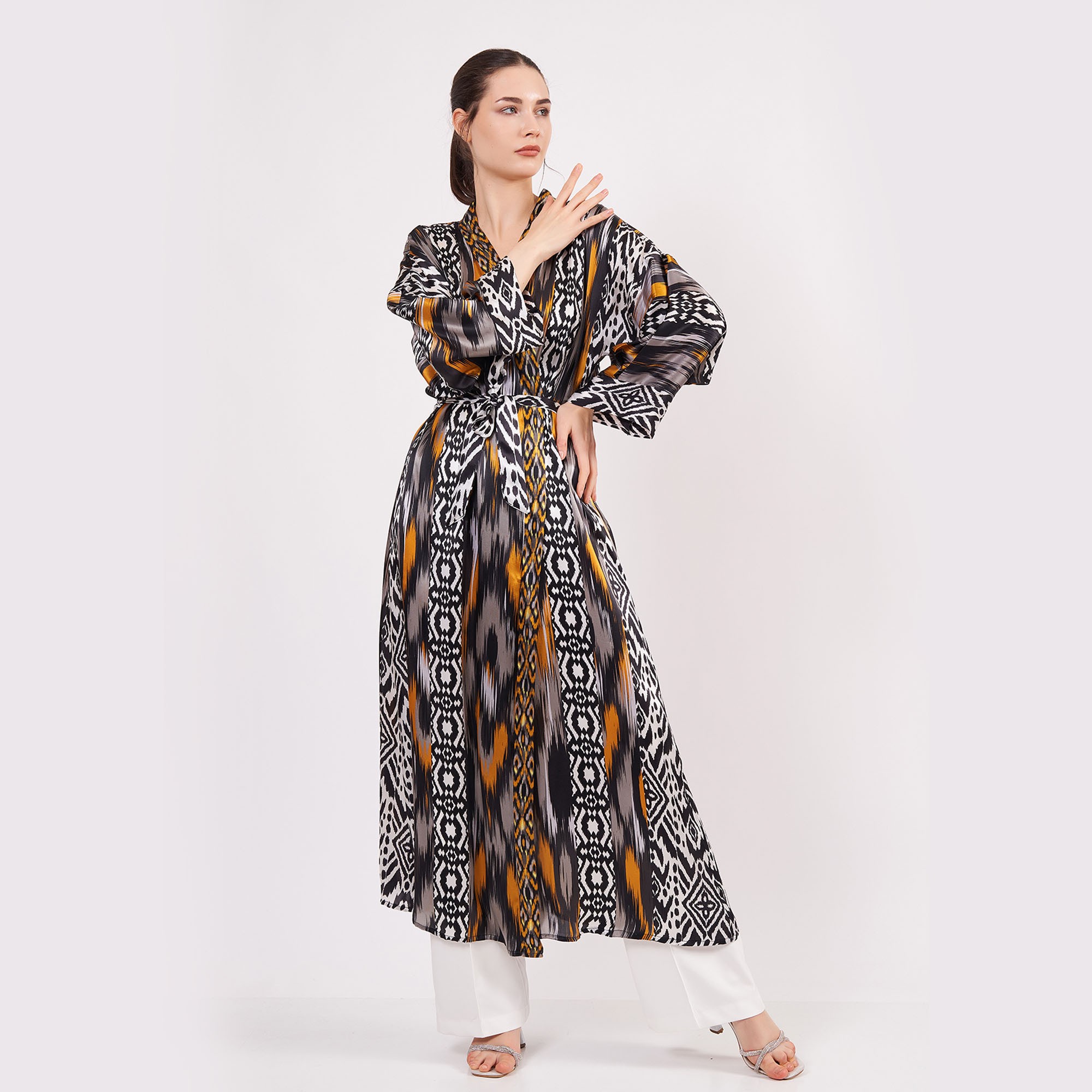 Saf İpek Uzun Kimono Kaftan | Ikat Desen 14 | Nomads Felt