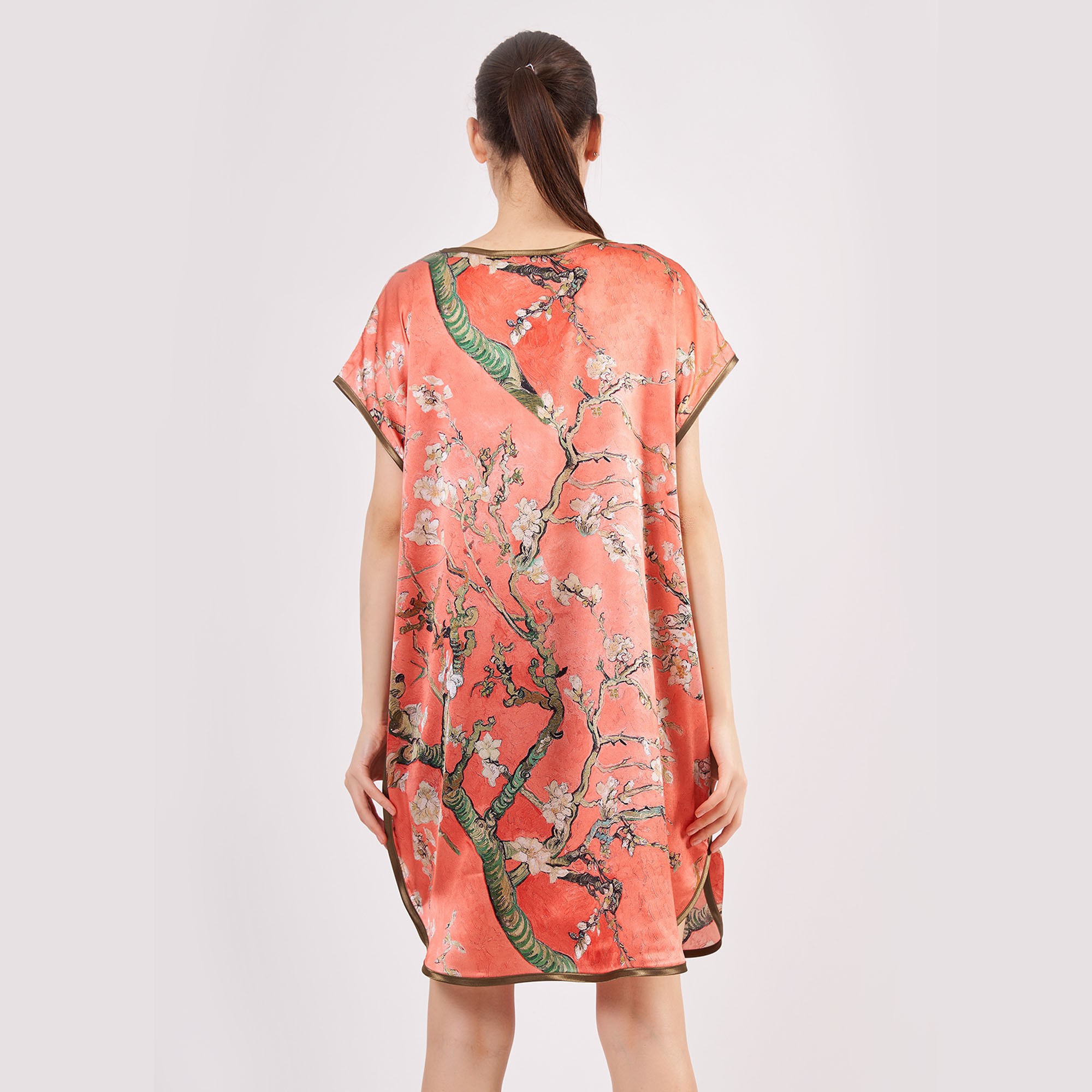Pure Silk Plus Size Short Dress For Women | Oversized Short Kaftan Anthracite Van Gogh Almond Blossoms | Loose Fitting Dress
