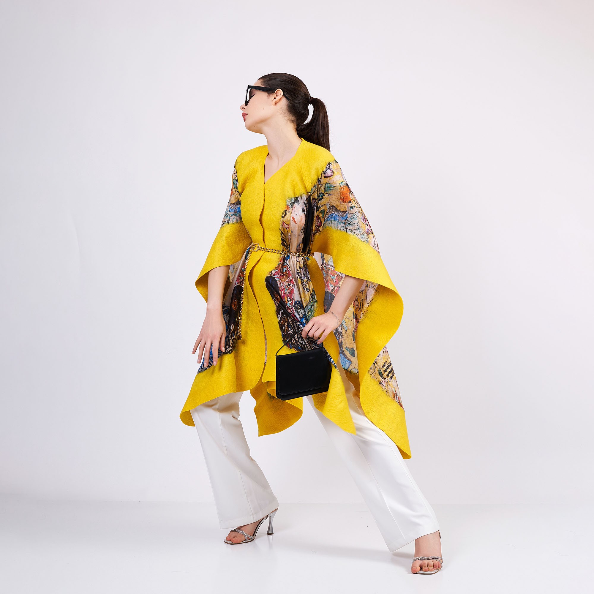 Handmade Silk Felted Women Poncho | Yellow Gustav Klimt Lady with Fan