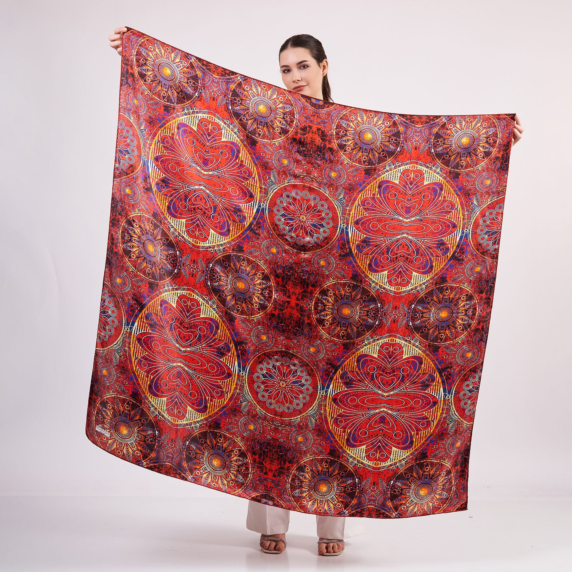 100% Silk Shawl Scarf | Mandala Pattern | 140cm | Red | Nomads Felt