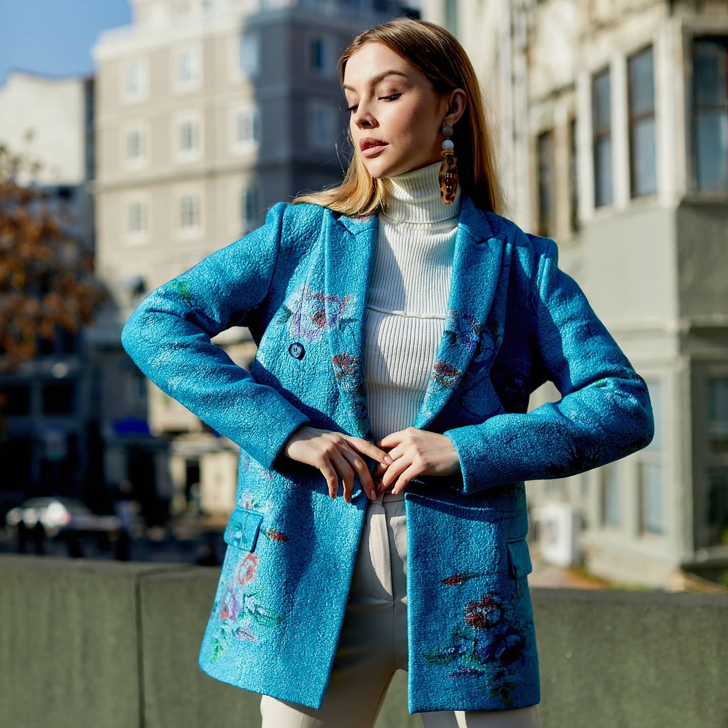 Natural Wool-Silk Haute Couture Jacket | Turquoise |Flower Pattern
