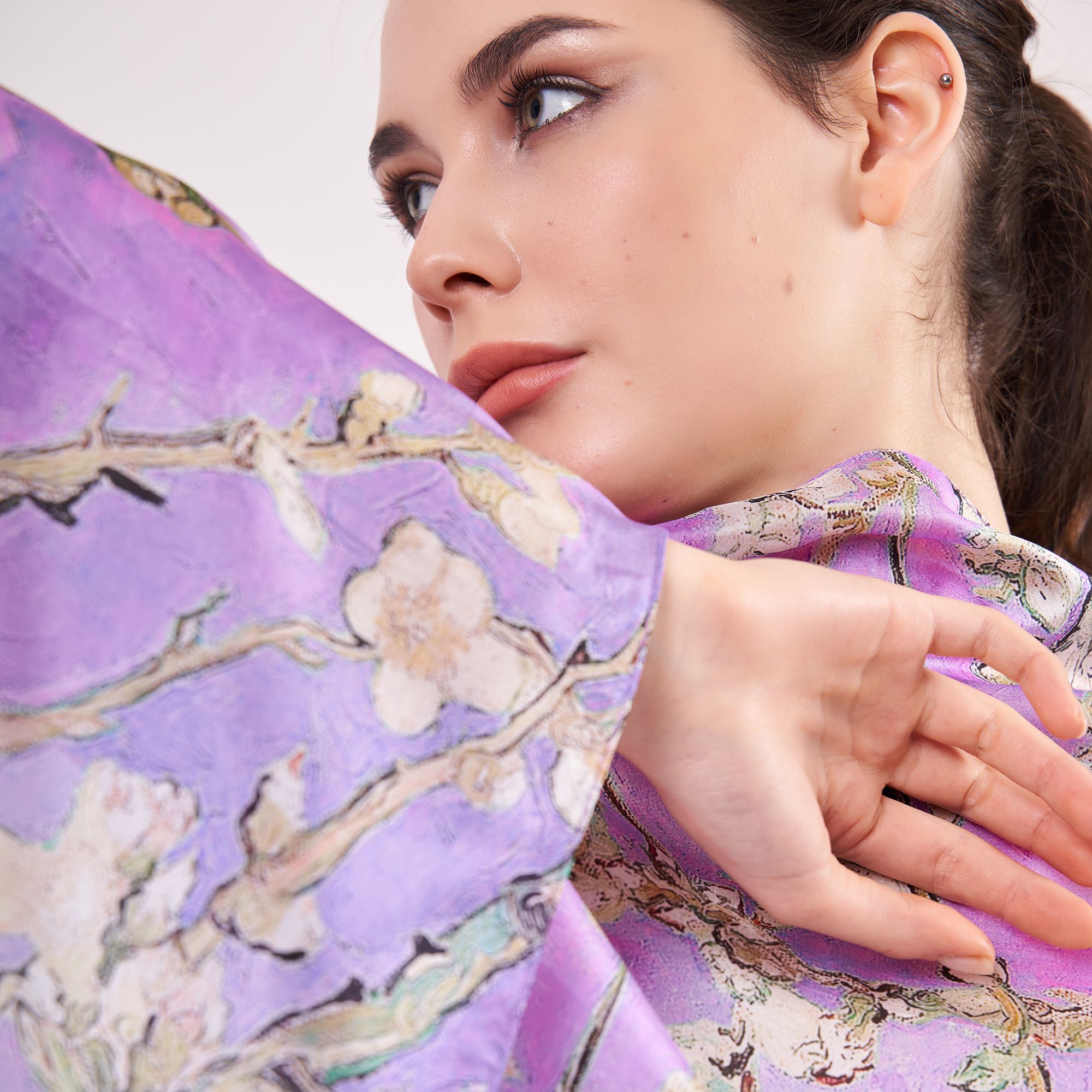 %100 Silk Scarf Wrap | Van Gogh Almond Blossoms Purple | 6 Momme Mulberry Silk Headband, Bag Accessory