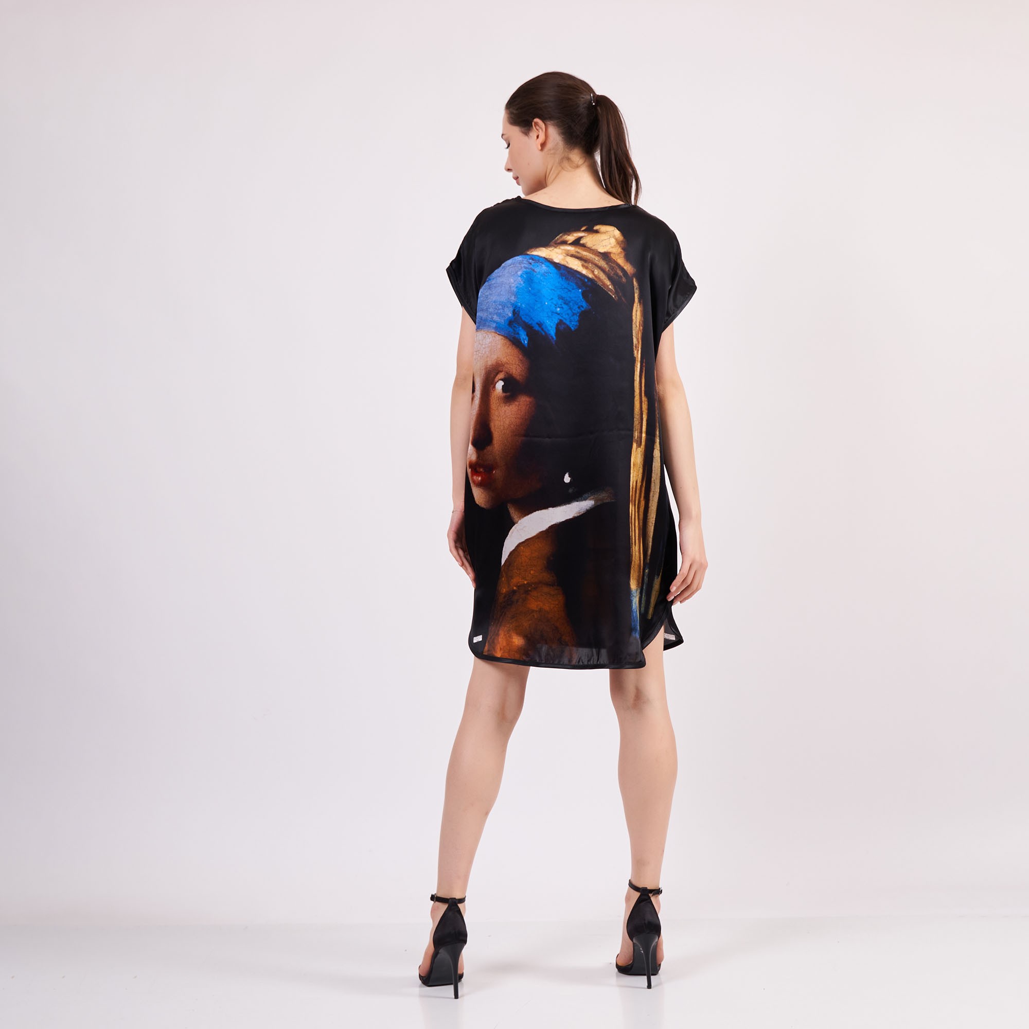 Silk Plus Size Short Dress For Women | Oversized Short Kaftan Johannes Vermeer Girl with a Pearl Earring | Loose Fitting Dress