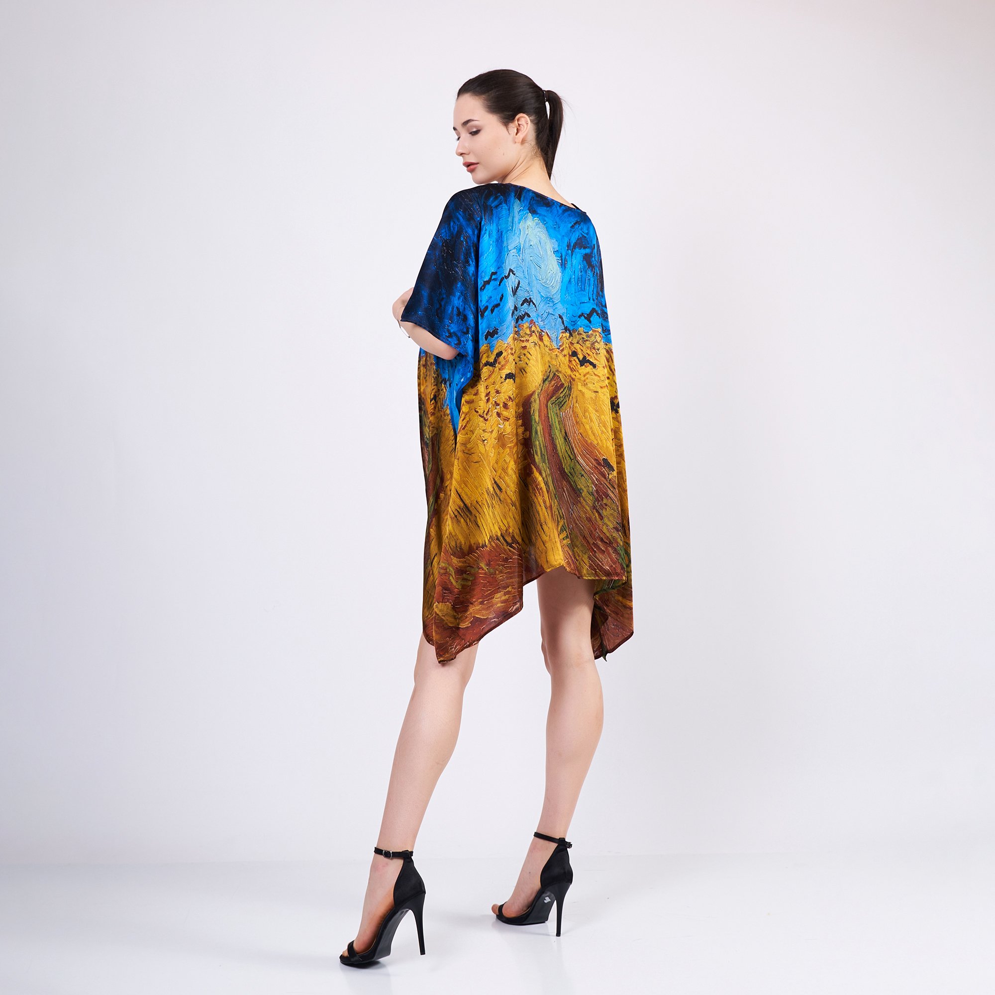 Pure Silk Short Kimono Kaftan | Van Gogh Wheatfield with Crows