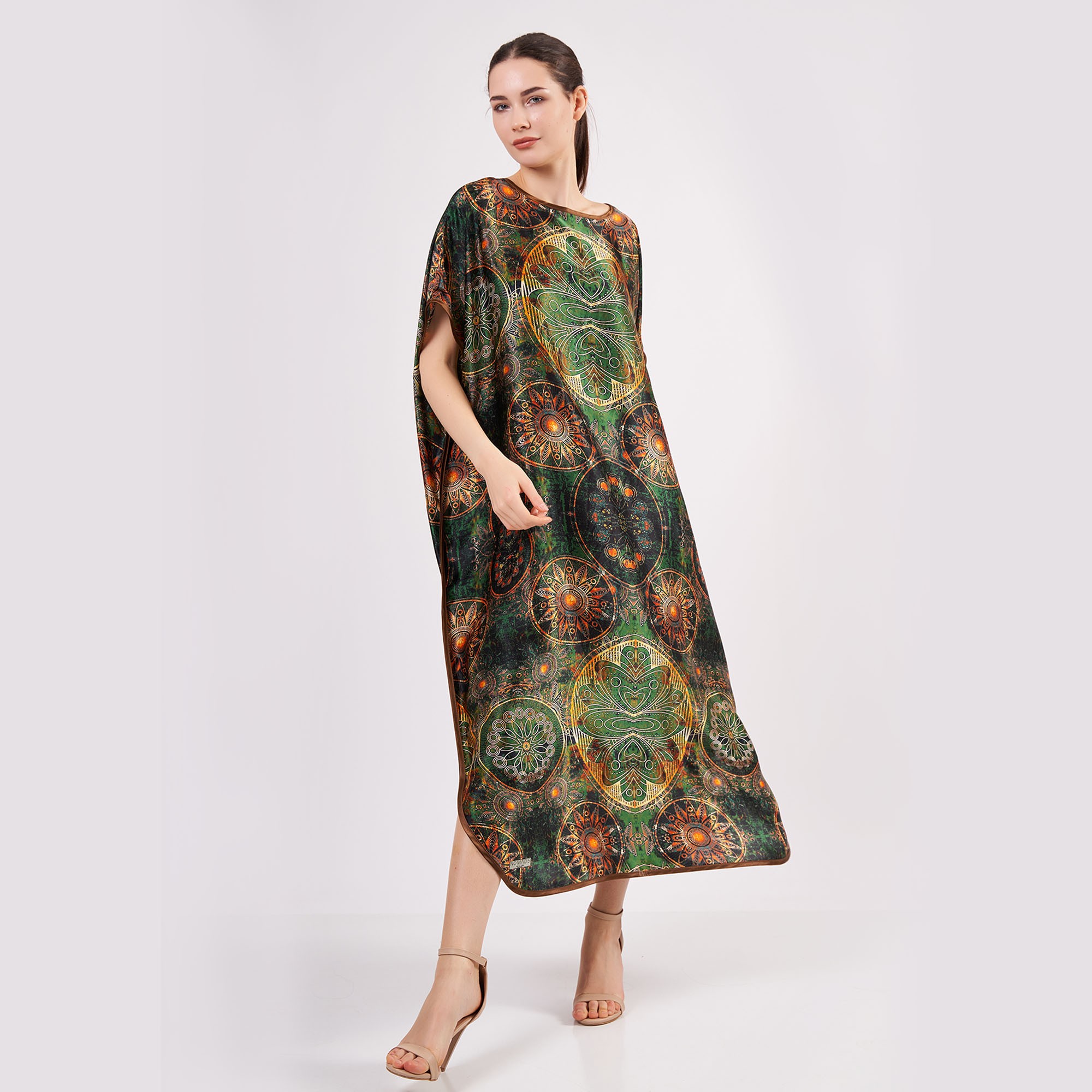 Pure Silk Long Dress | Mandala Pattern Khaki