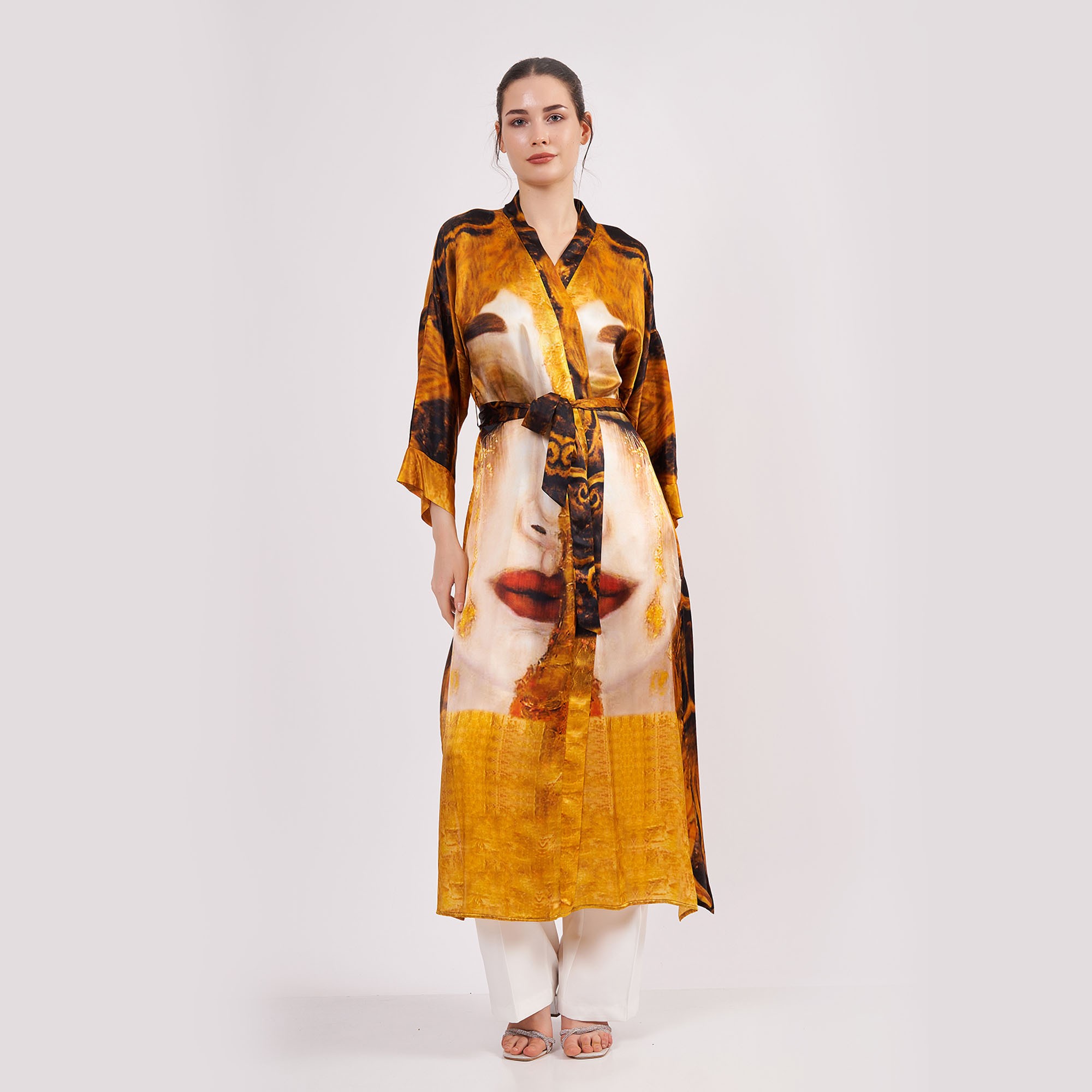 Saf İpek Uzun Kimono Kaftan | Freya's Tears - Altın Gözyaşları | Nomads Felt