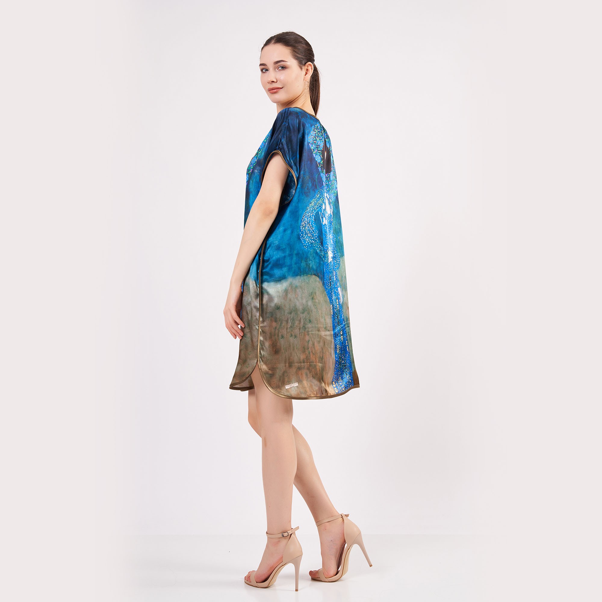 %100 İpek Kısa Elbise | Gustav Klimt Emilie Floge