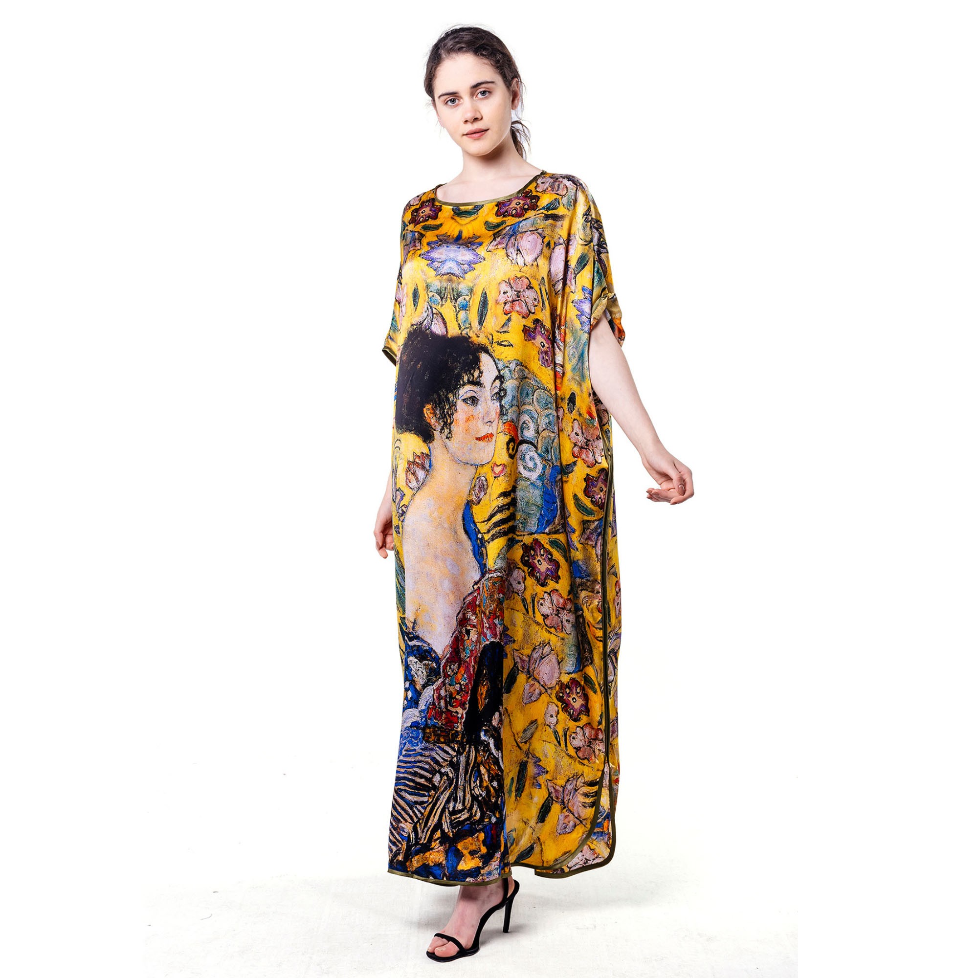 %100 Silk Long Dress | Gustav Klimt Lady with Fan | Nomads Felt