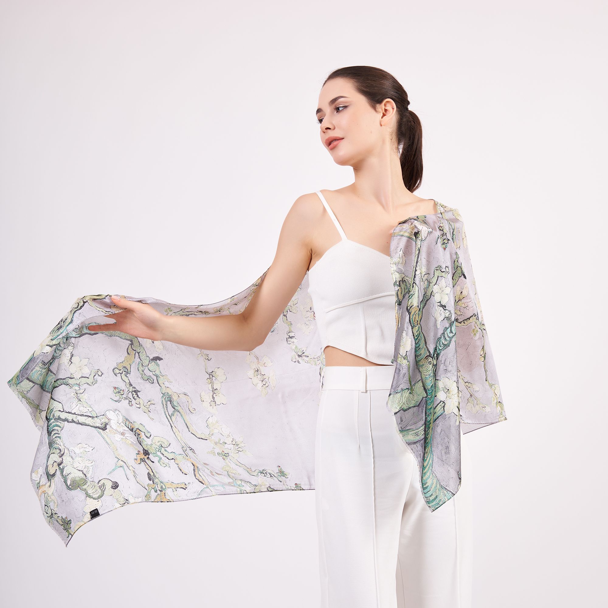 %100 Silk Scarf Wrap | Van Gogh Almond Blossoms Gray | 6 Momme Mulberry Silk Headband, Bag Accessory