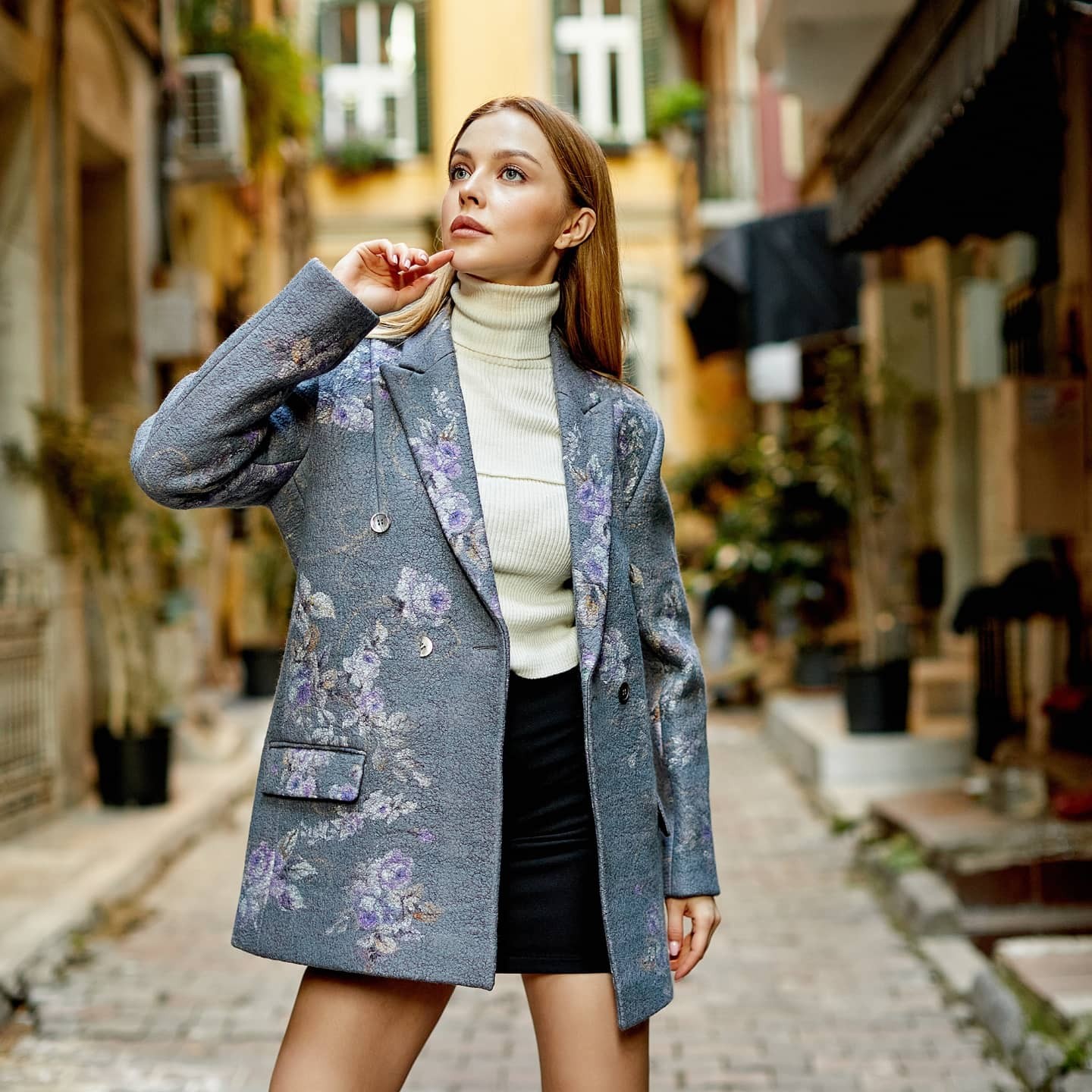 İpek-Yün Haute Couture Ceket | Gri-Lila Çiçek Desen | Nomads Felt