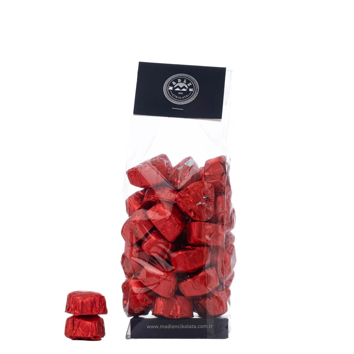 Madlen Kırmızı Yaldızlı Fıstıklı Mini Kalp Çikolata 500g