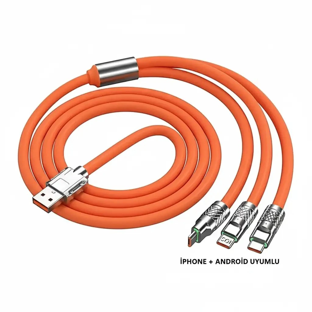 3 İn 1 Type-c Micro Usb Lightning 120 Watt Hızlı 6A Şarj Kablosu