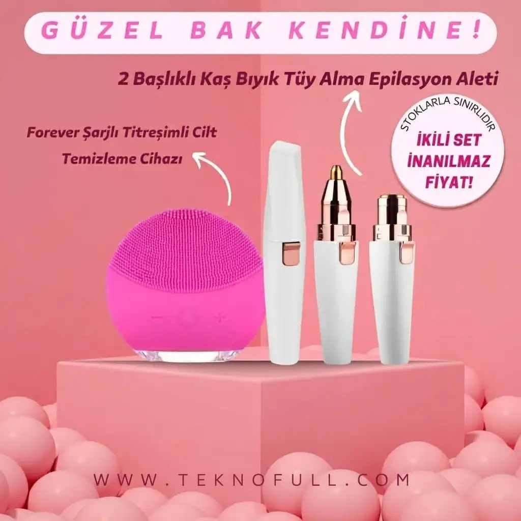 2 Başlıklı Kaş Bıyık Tüy Alma Epilasyon Aleti & Forever Şarjlı Titreşimli Cilt Temizleme Cihazı