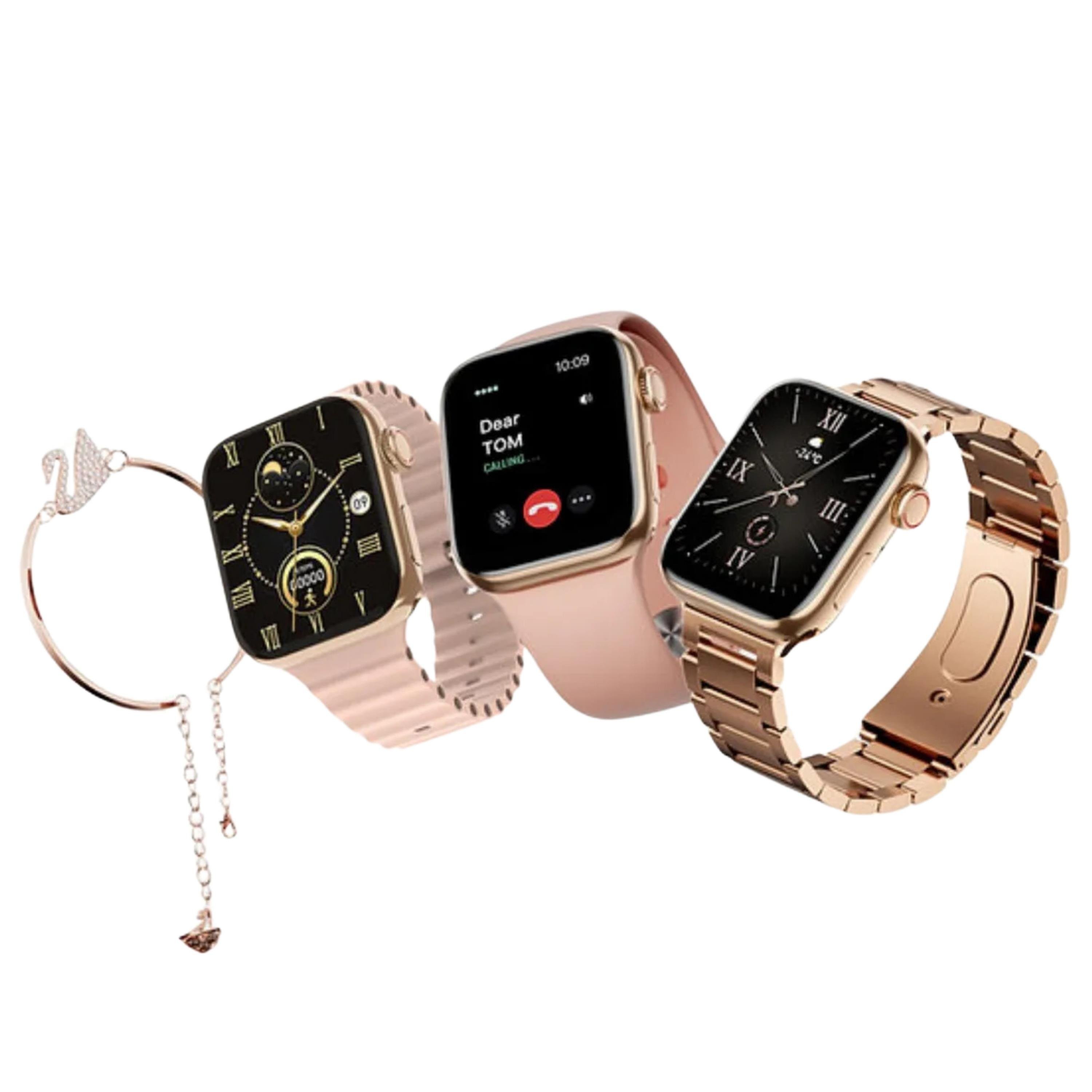 Rose Gold Akıllı Saat 41mm 3 Kordonlu Bileklik Küpe Ve Yüzük Hediyeli - G39 
