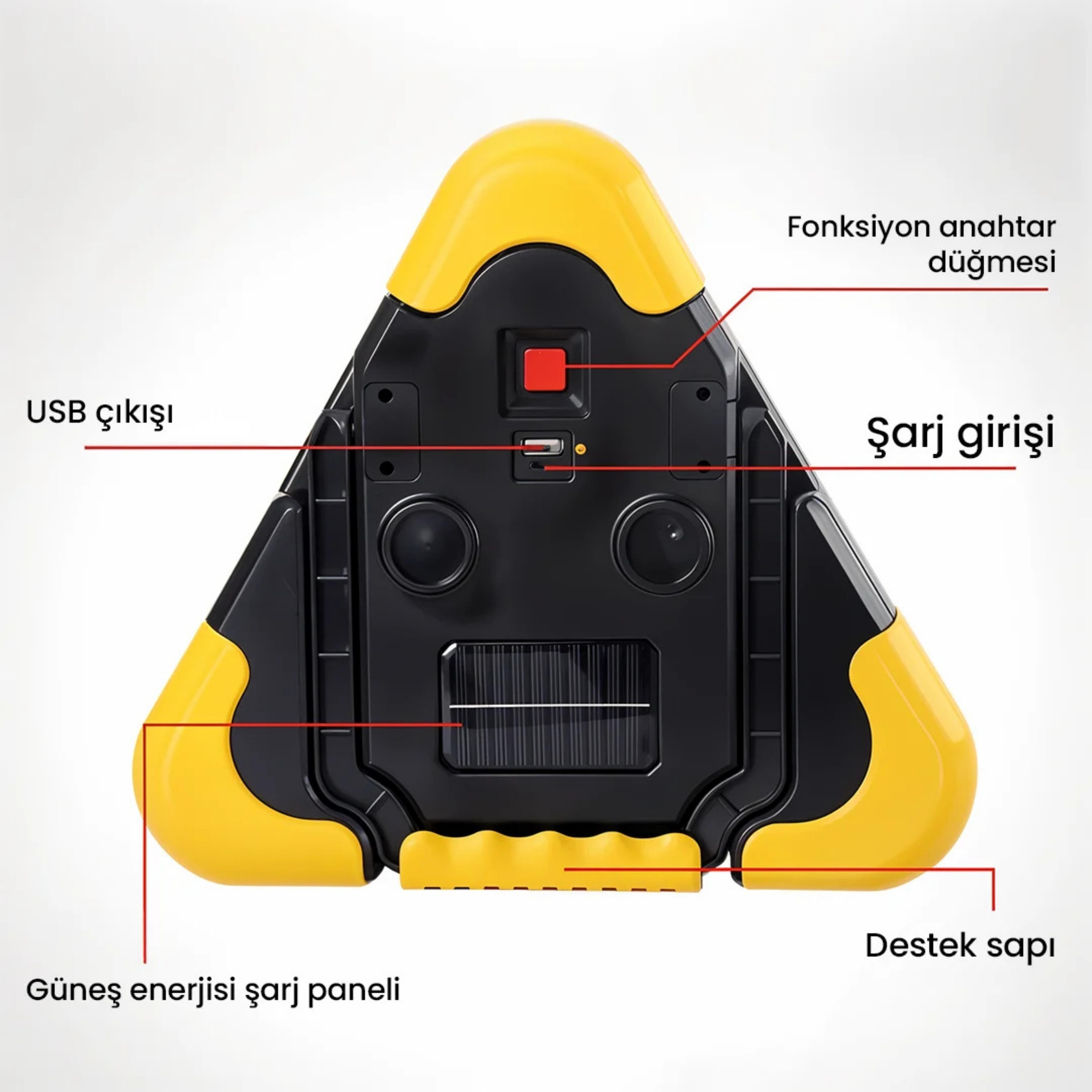 Güneş Enerjili Üçgen LED Uyarı Lambası | USB Şarjlı Çok Fonksiyonlu Kamp ve Acil Durum Işığı