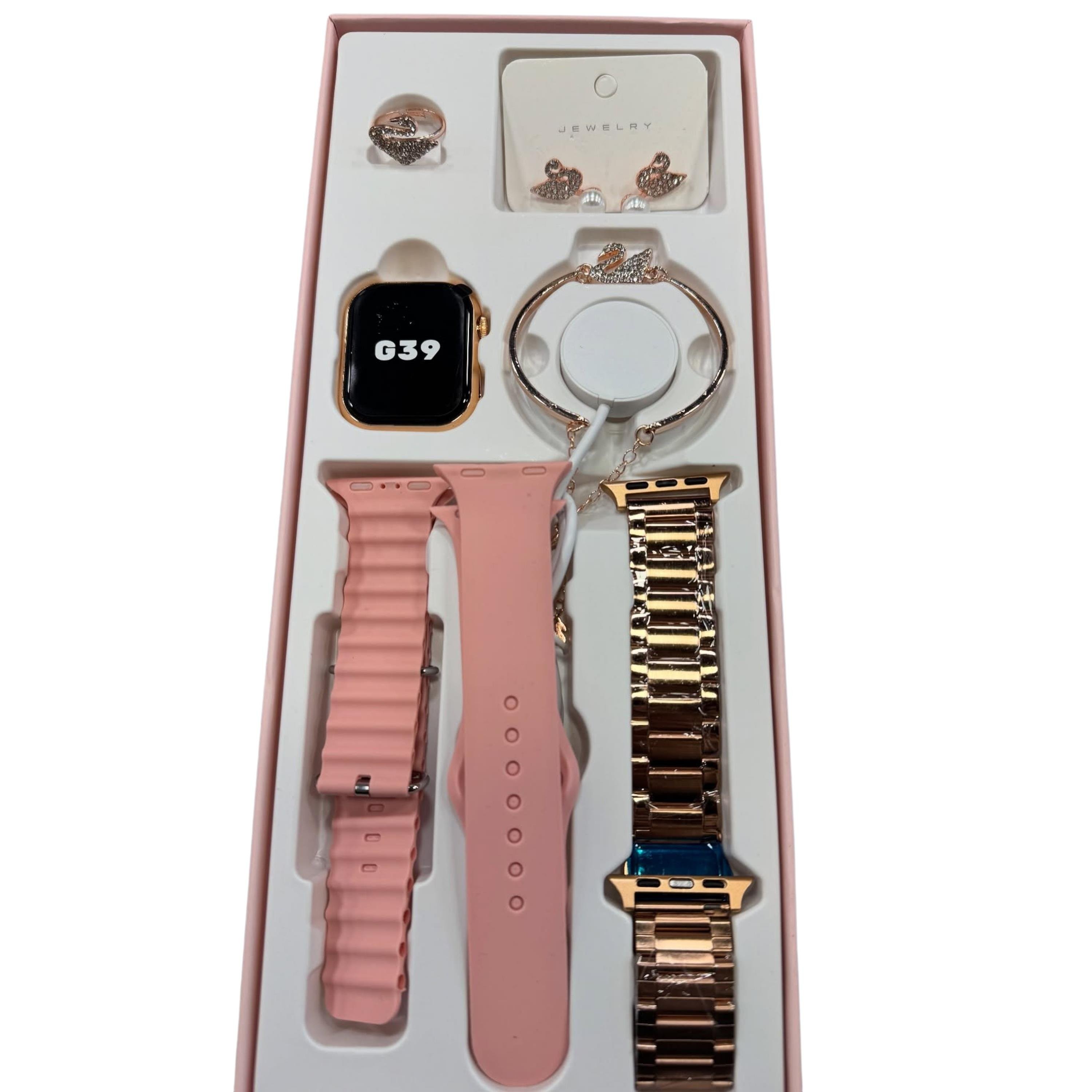 Rose Gold Akıllı Saat 41mm 3 Kordonlu Bileklik Küpe Ve Yüzük Hediyeli - G39 