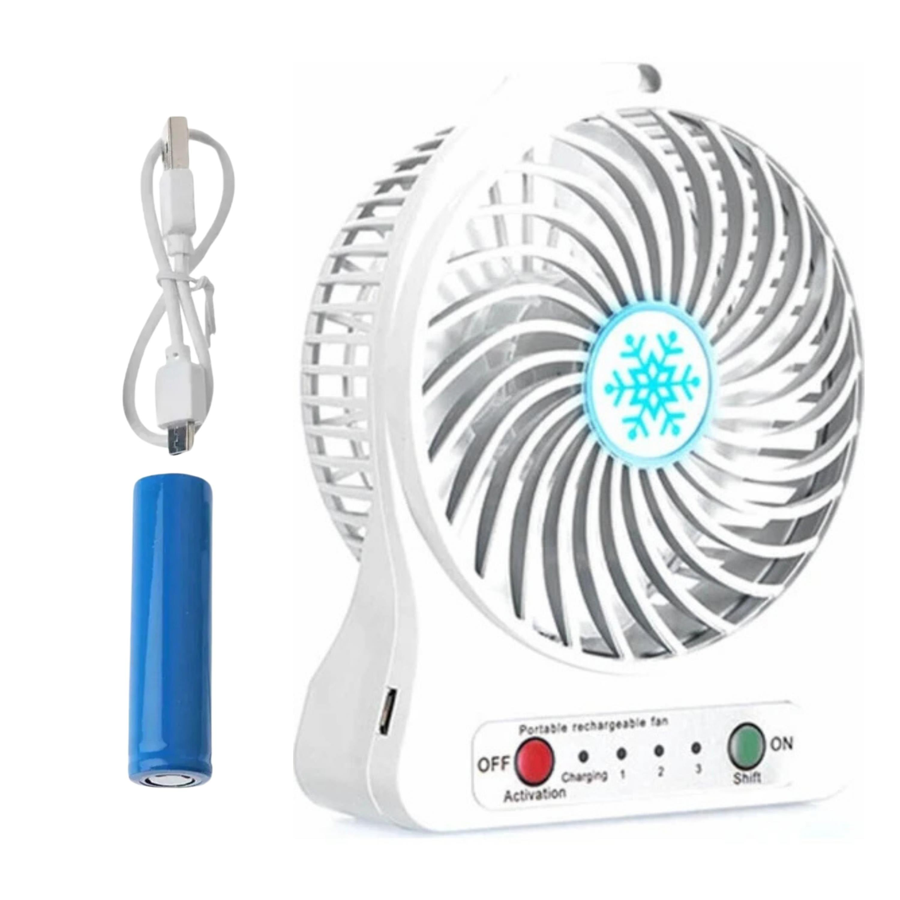 Beyaz USB Şarjlı Taşınabilir Mini Masaüstü Fan 3 Kademeli 4 Kanatlı Fenerli Vantilatör