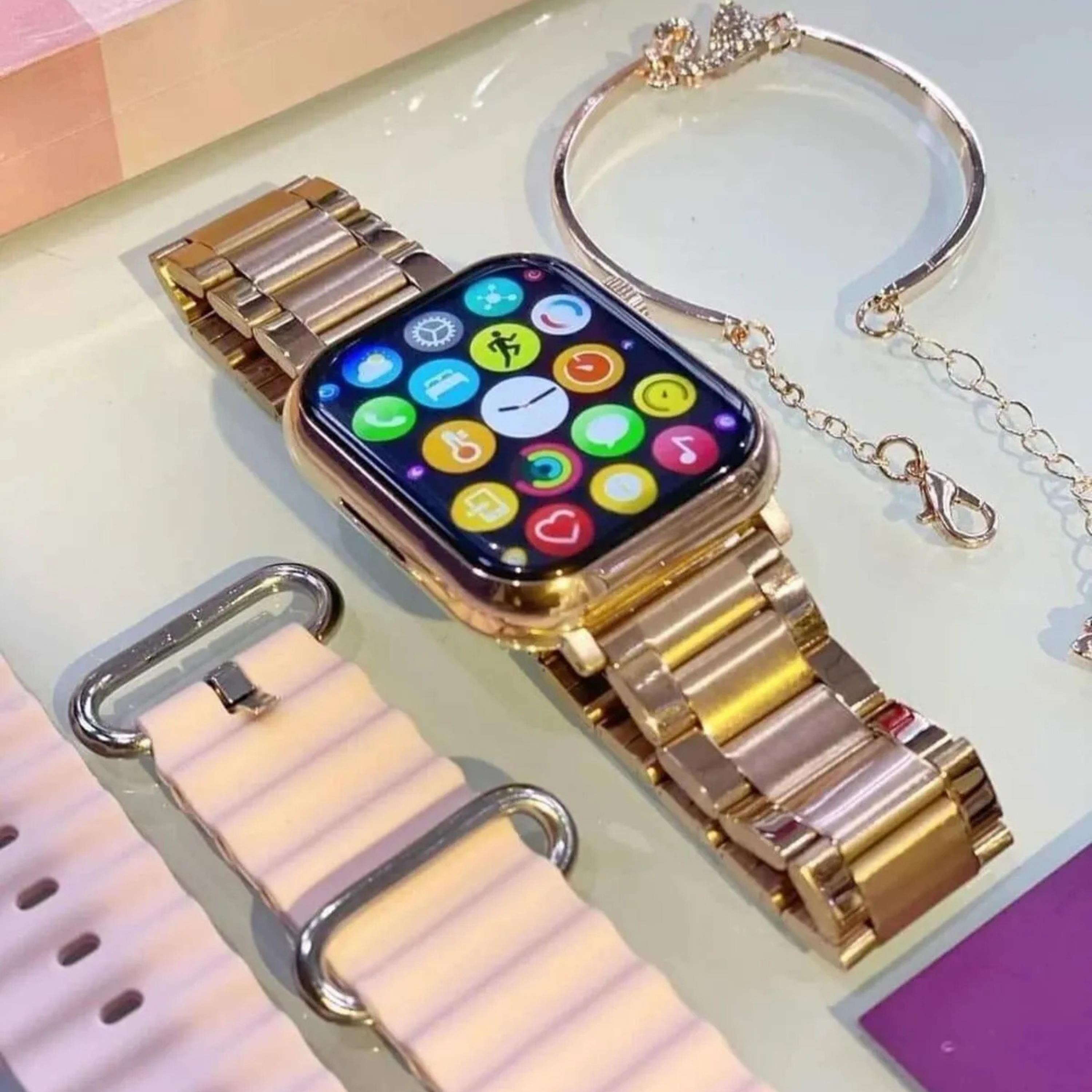 Rose Gold Akıllı Saat 41mm 3 Kordonlu Bileklik Küpe Ve Yüzük Hediyeli - G39 