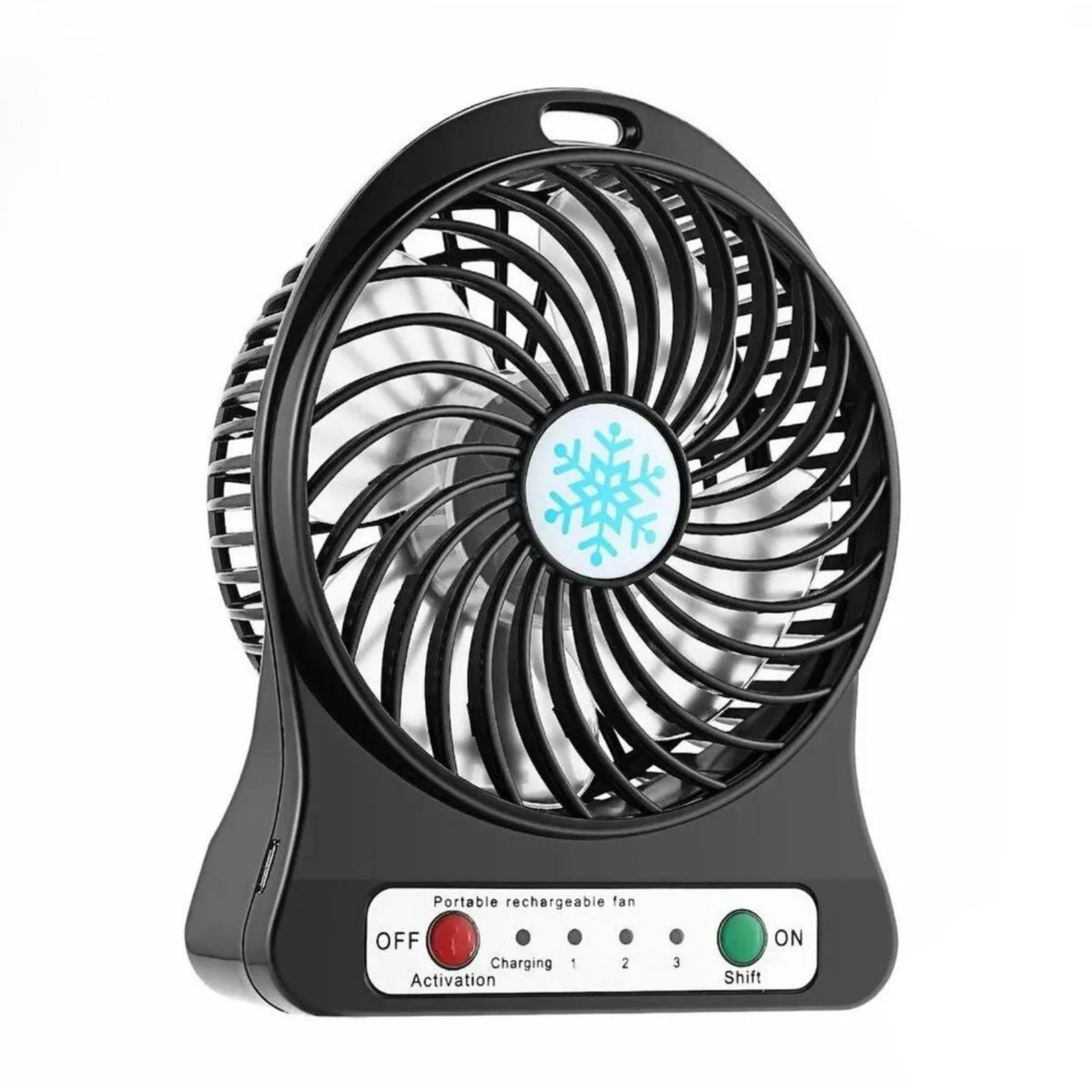 Siyah USB Şarjlı Taşınabilir Mini Masaüstü Fan 3 Kademeli 4 Kanatlı Fenerli Vantilatör