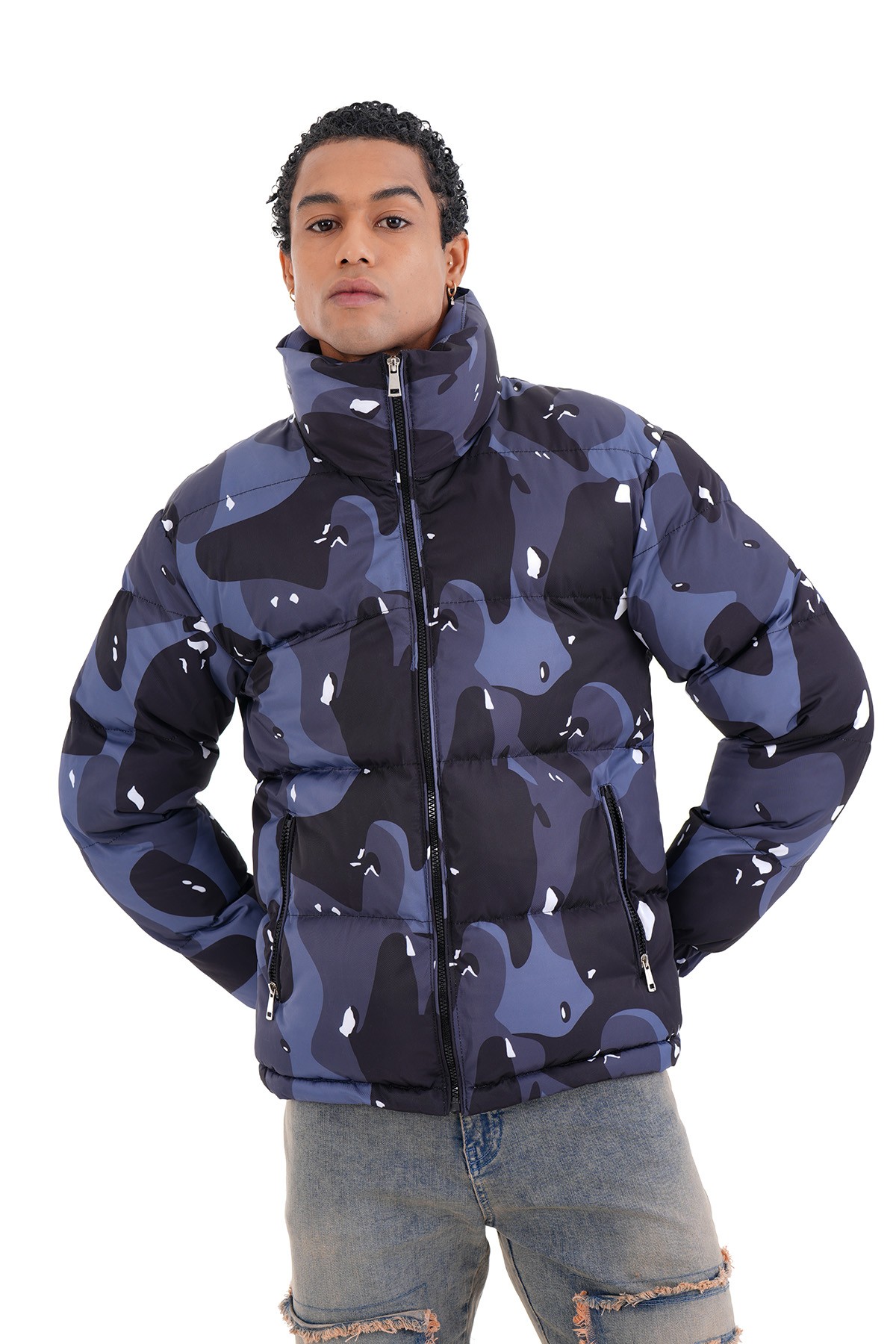 Mixed Pattern Puffer Jacket - Lacivert