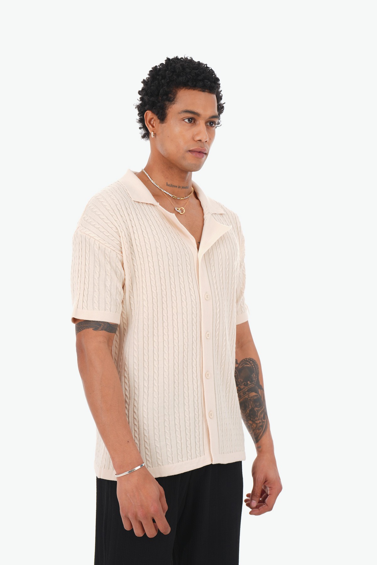 Thick Wick Pattern Acrylic Shirt - Krem