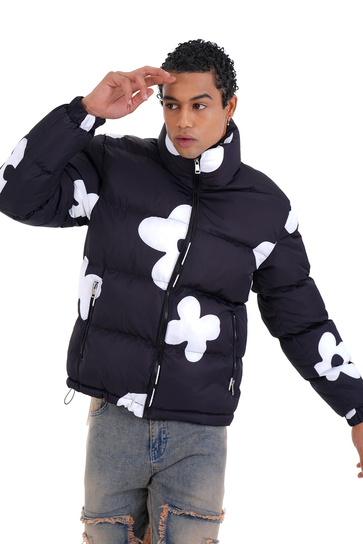 Mixed Pattern Puffer Jacket - black