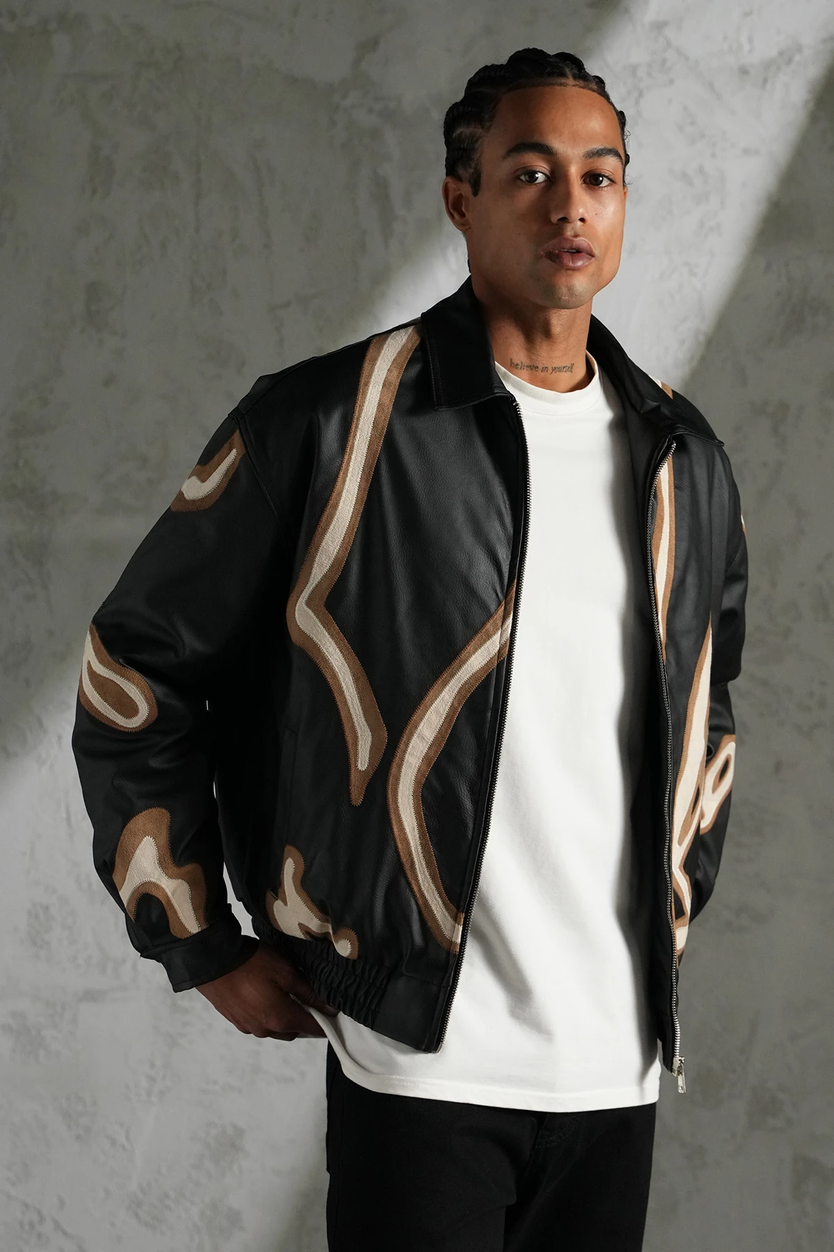 Stripe Detailed Leather Coat