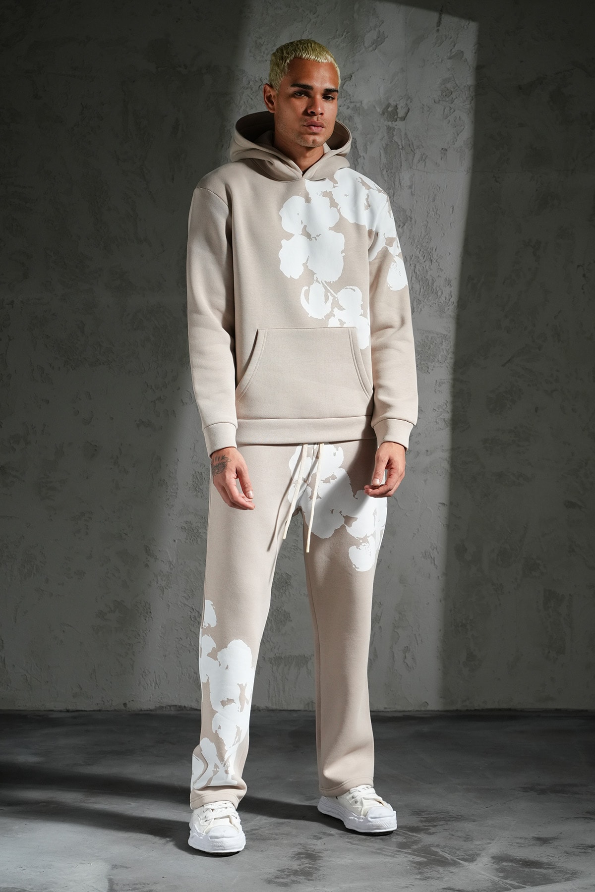 Çiçek Desen Kapüşonlu Eşofman Takım - Beige